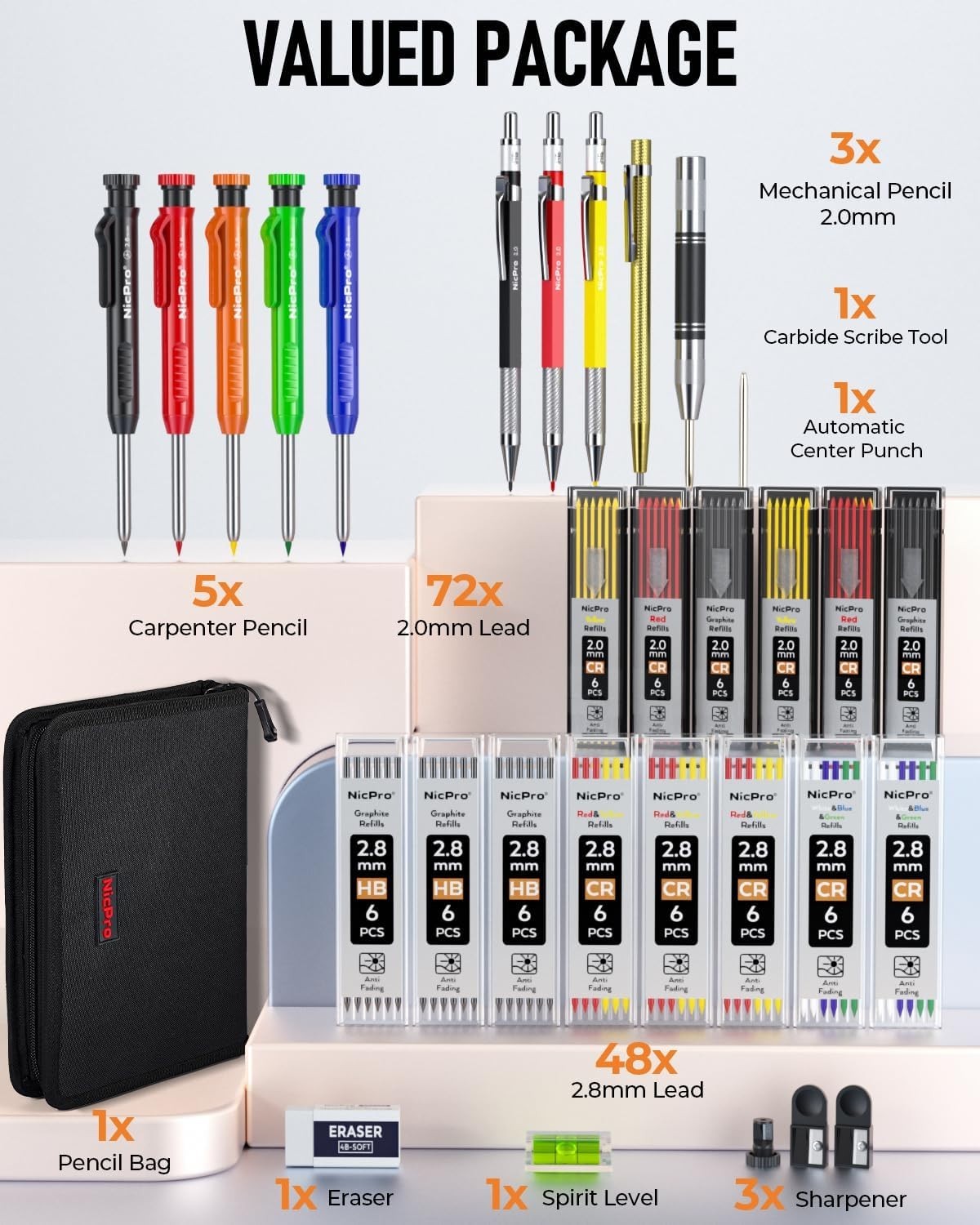 31 Pack Carpenter Pencil Set with Sharpener, Mechanical Carpenter Pencils