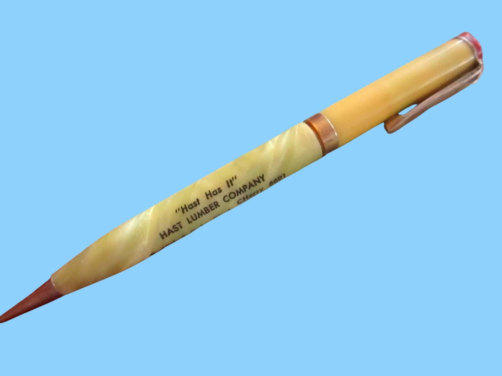 Vintage Ritepoint Advertising Pencil Hast Lumber Co. Yellow Swirl Barrel