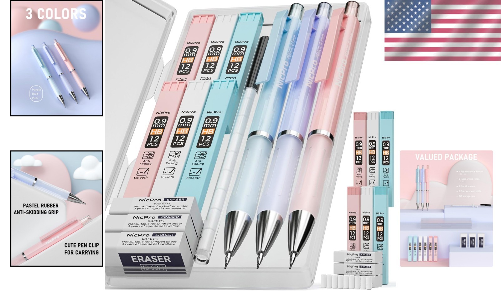 Charming 3PCS Pastel Mechanical Pencil Set for Kids – 0.9mm Writing Delight