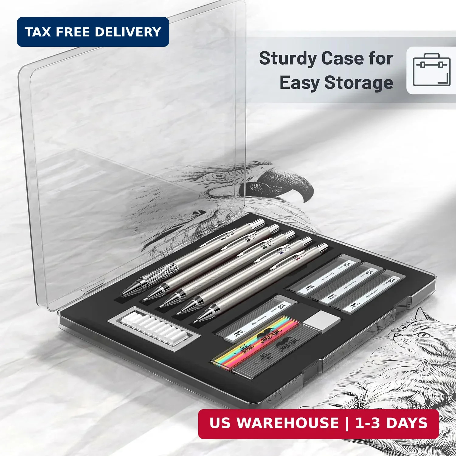 – Metal Mechanical Pencil Set with Lead and Eraser Refills, 5 Sizes