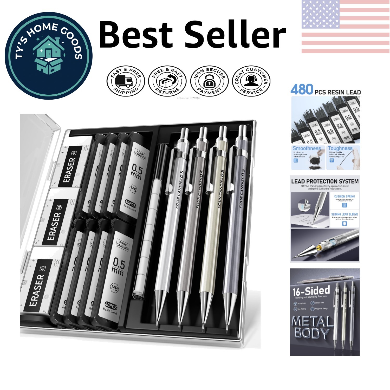 4-Piece Metal Mechanical Pencil Set, 0.5mm Fine Point – Perfect for School & Art