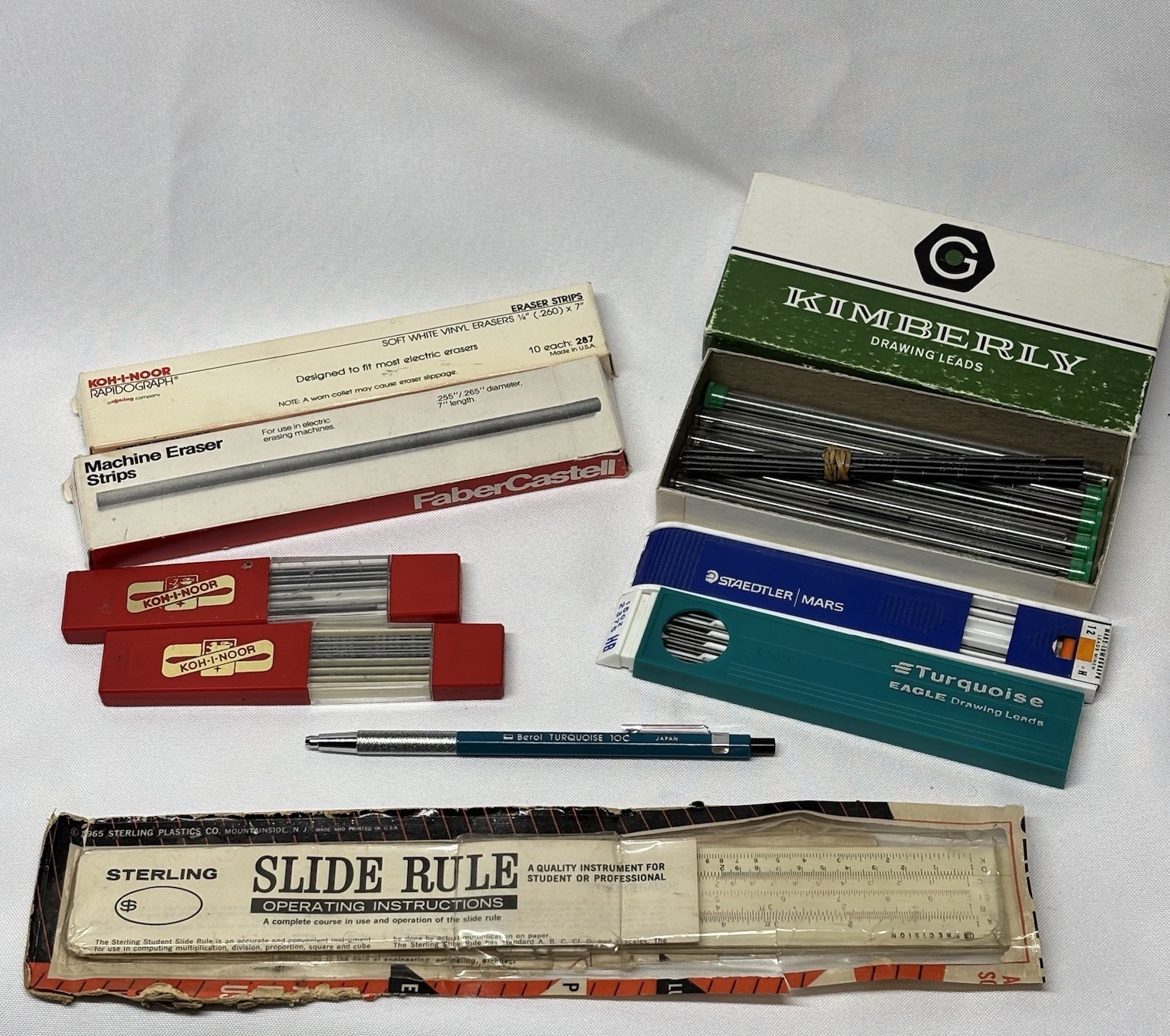 Vintage Drafting Supply Lot Sterling Slide Rule Berol Turquoise Lead Holder Mars
