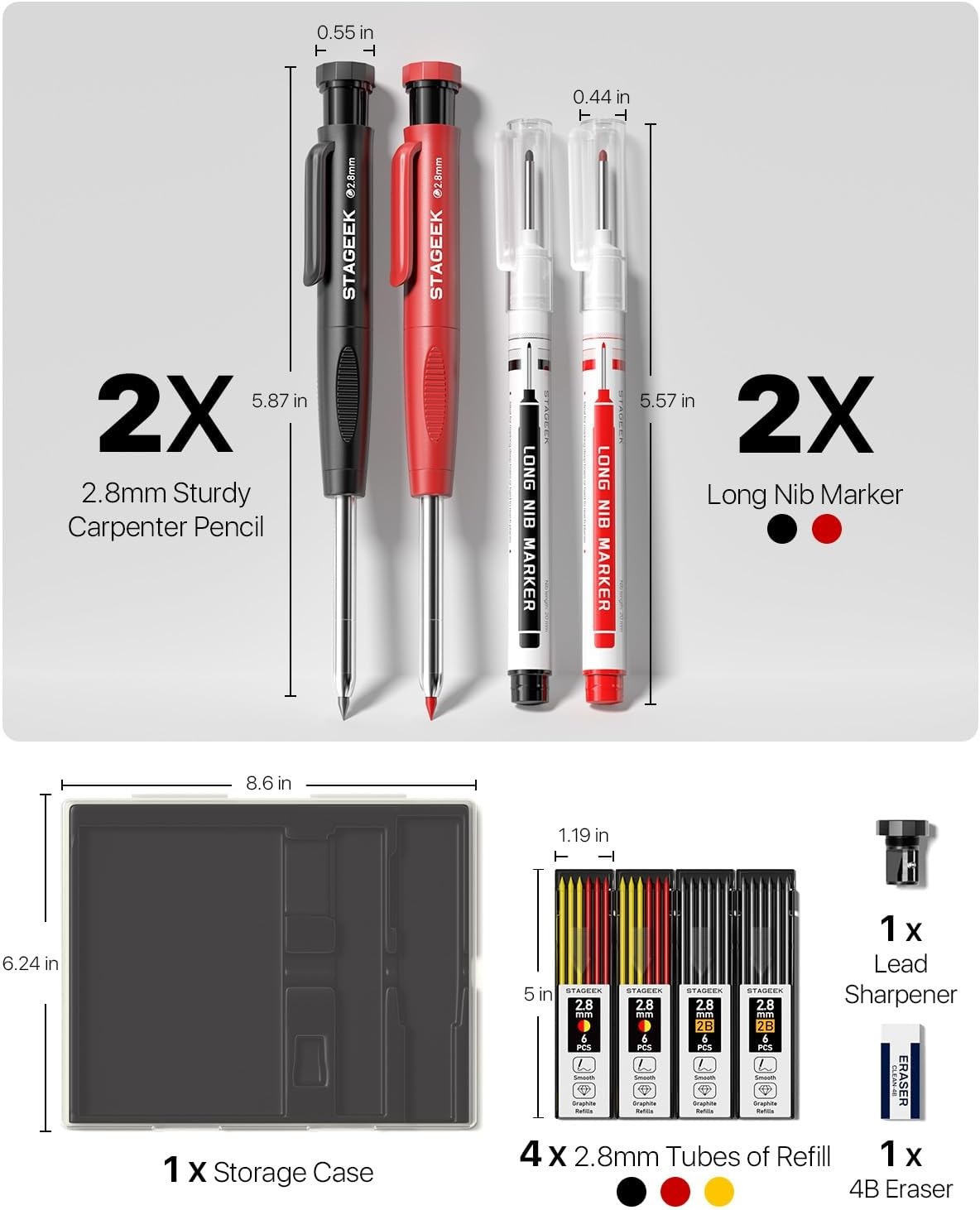 2PCS Carpenter Pencils with Sharpener, Heavy Duty Woodworking Red+Black