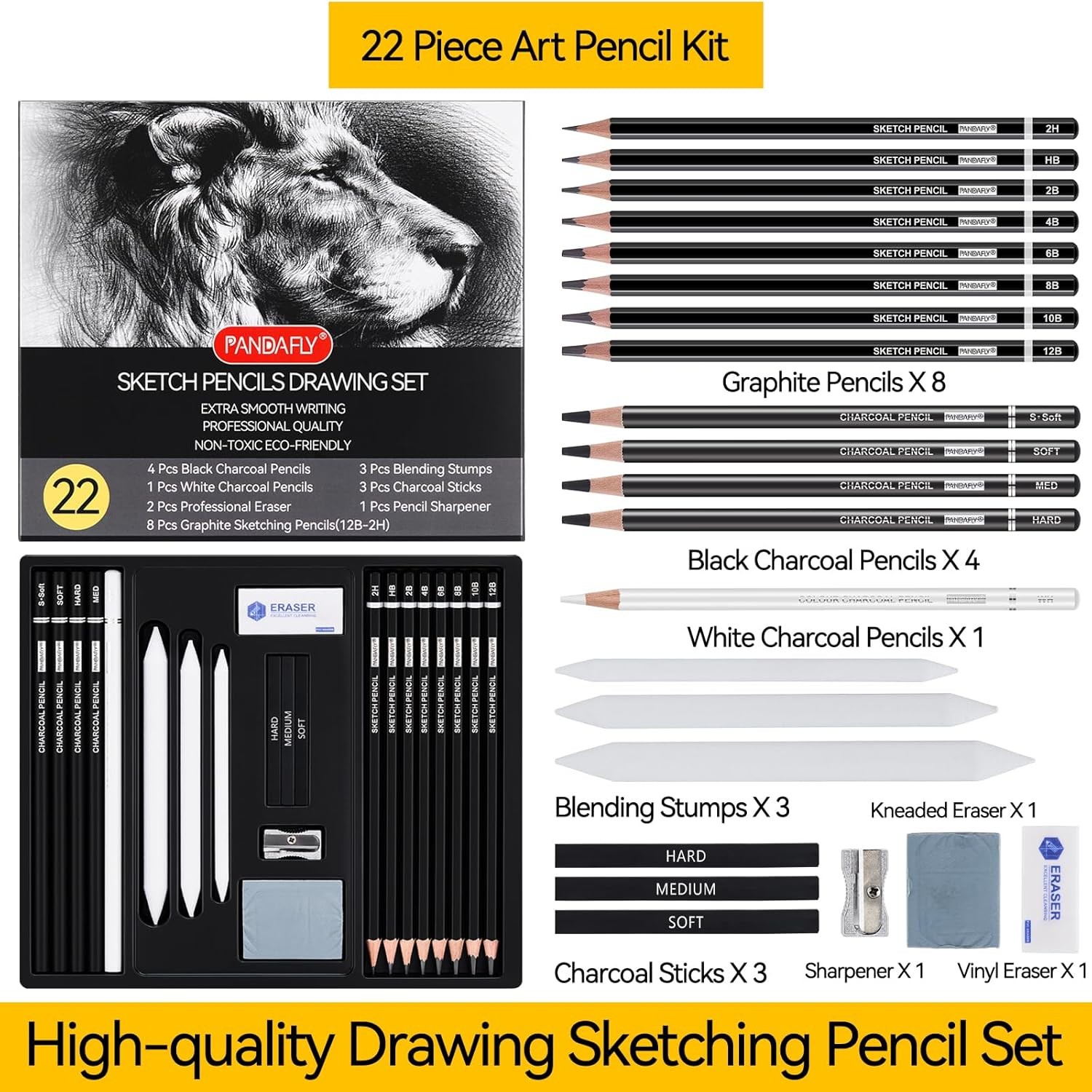 PANDAFLY Drawing Sketching Pencil Set, 1 Count (Pack of 22), 22 Pack – Black