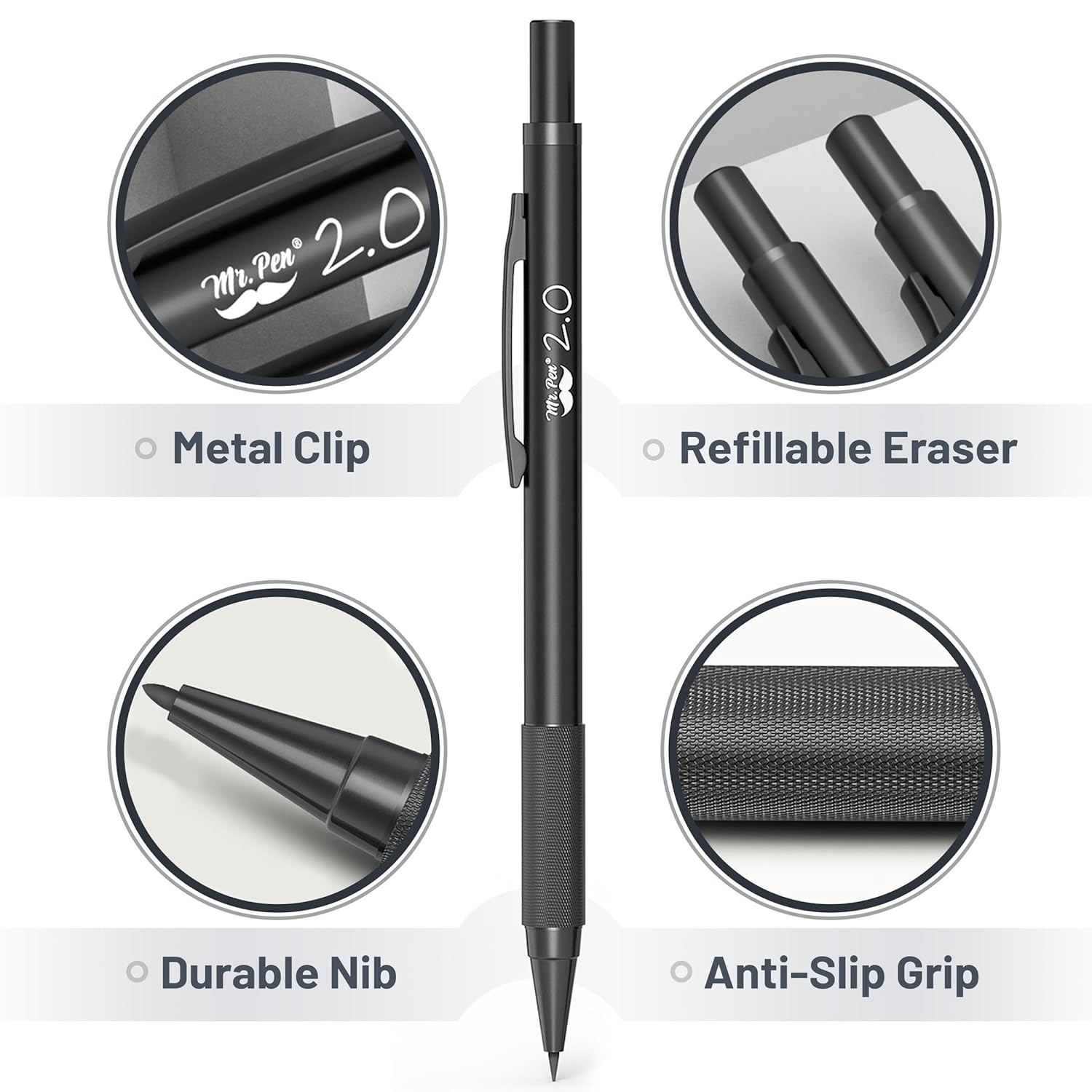 Metal Mechanical Pencil Set with Lead Refills and Erasers 5 Size Pencils