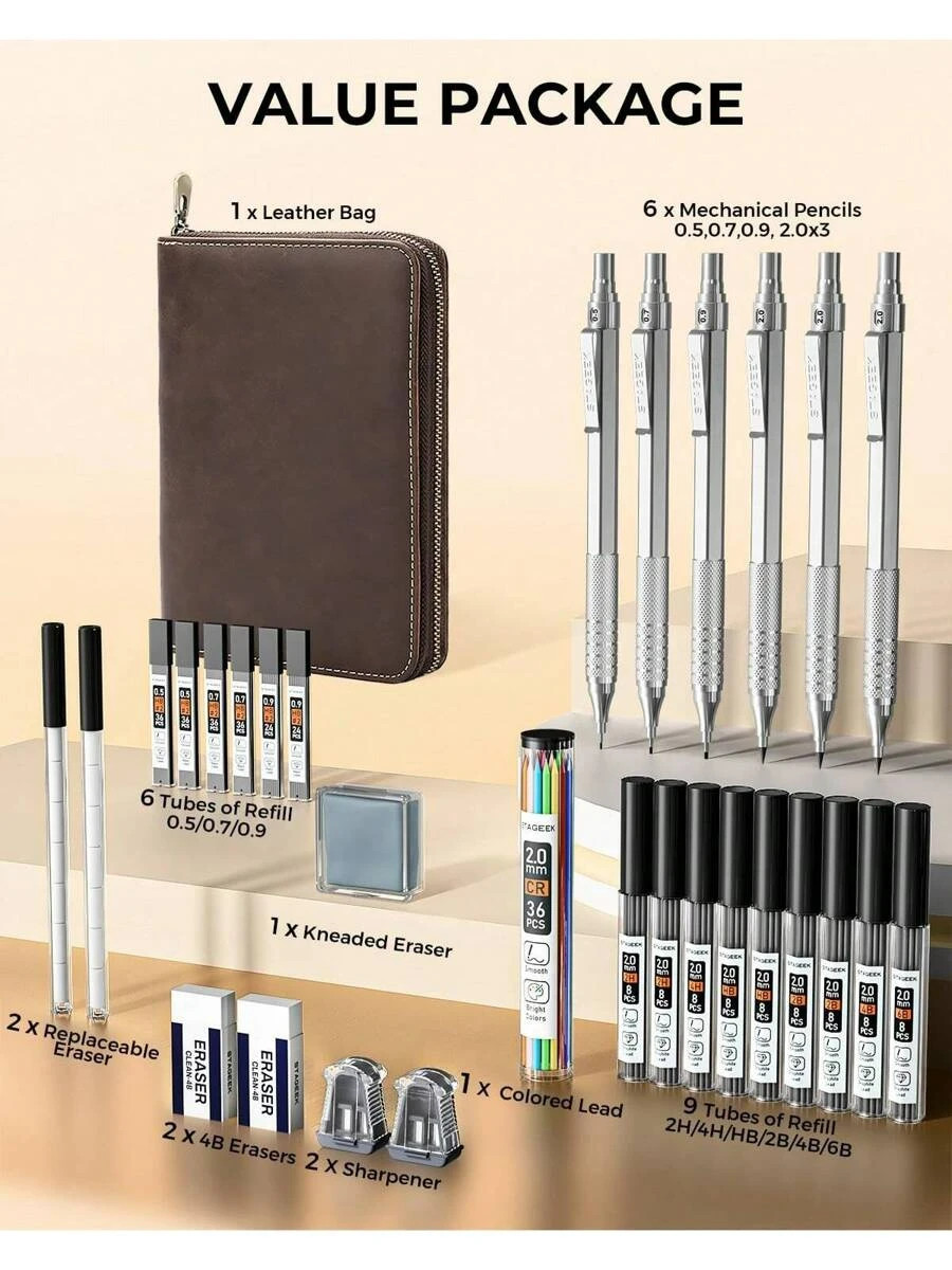 30Pcs Art Mechanical Pencil Set 0.5/0.7/0.9/2.0MM w/Leads