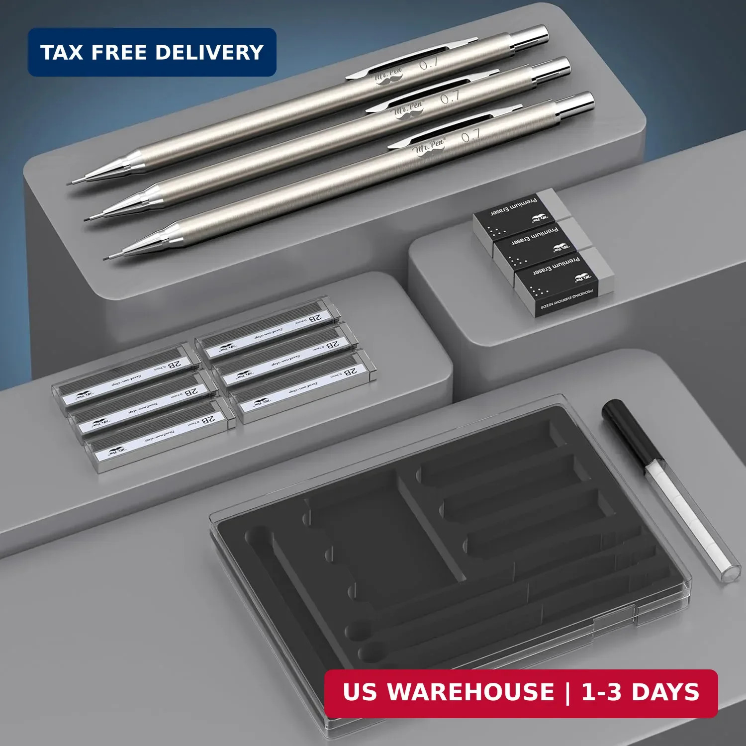 Mr. Pen- 0.7mm Metal Mechanical Pencil Set with Lead Refills & Erasers, 3 Pack,