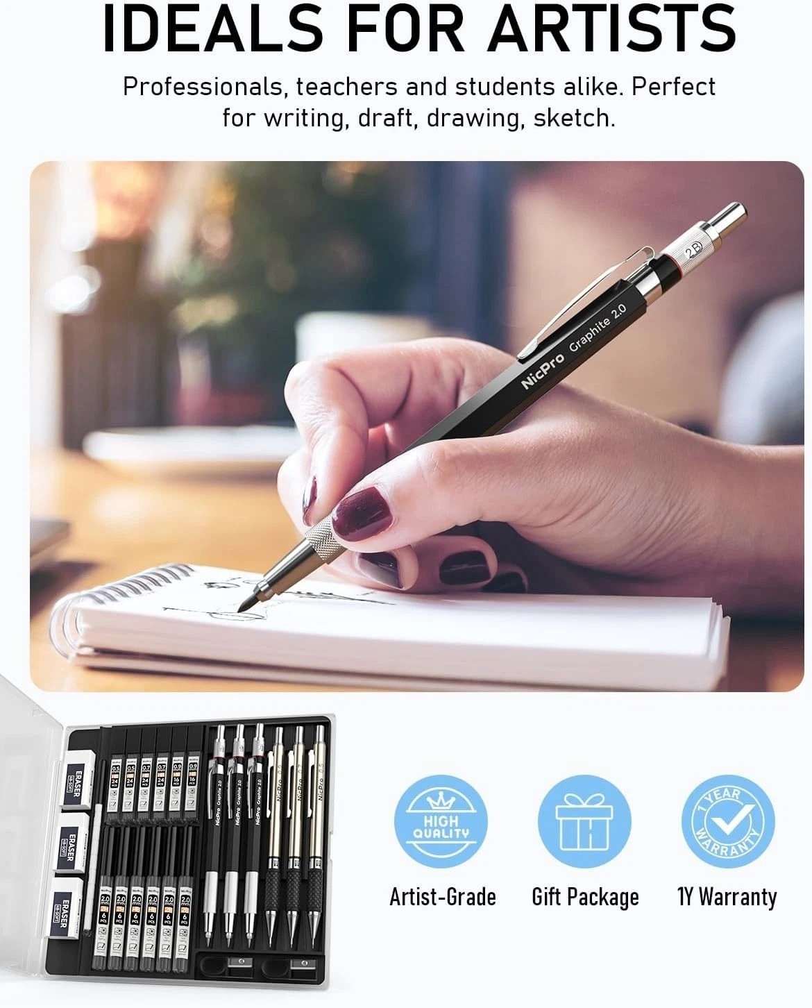 Professional 6PCS Art Mechanical Pencil Set & Graphite Lead Holders for Drawing