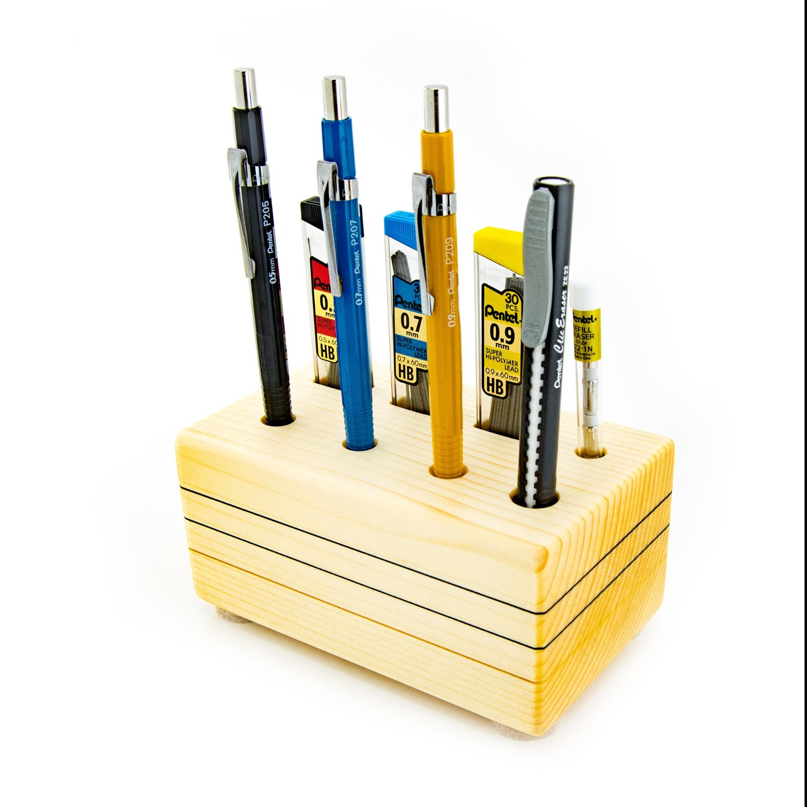 Pentel Sharp Mechanical Pencils Set Striped Wood Display Stand 0.5 0.7 0.9mm