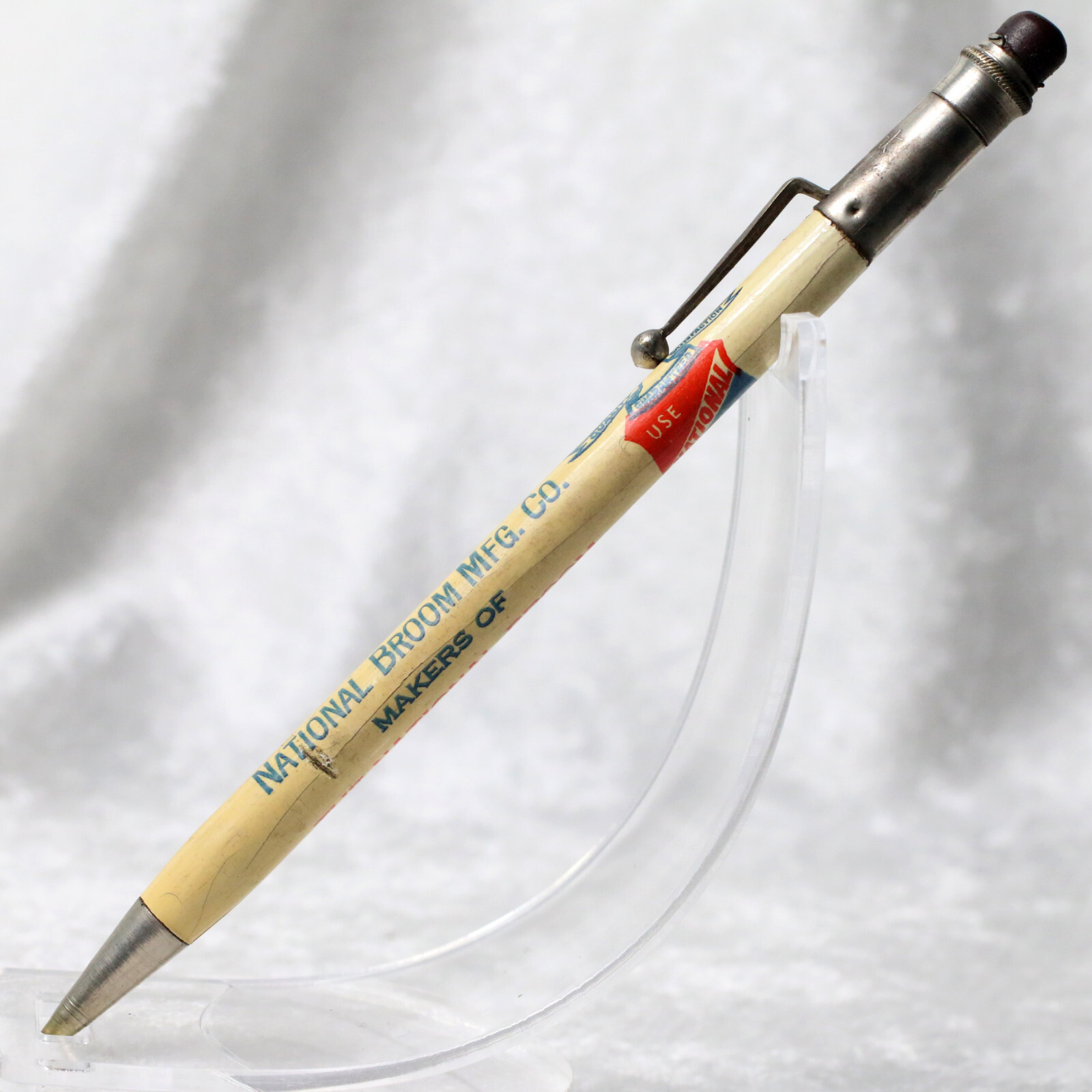 VTG 1930s RediPoint White Celluloid National Broom Advertising Mechanical Pencil