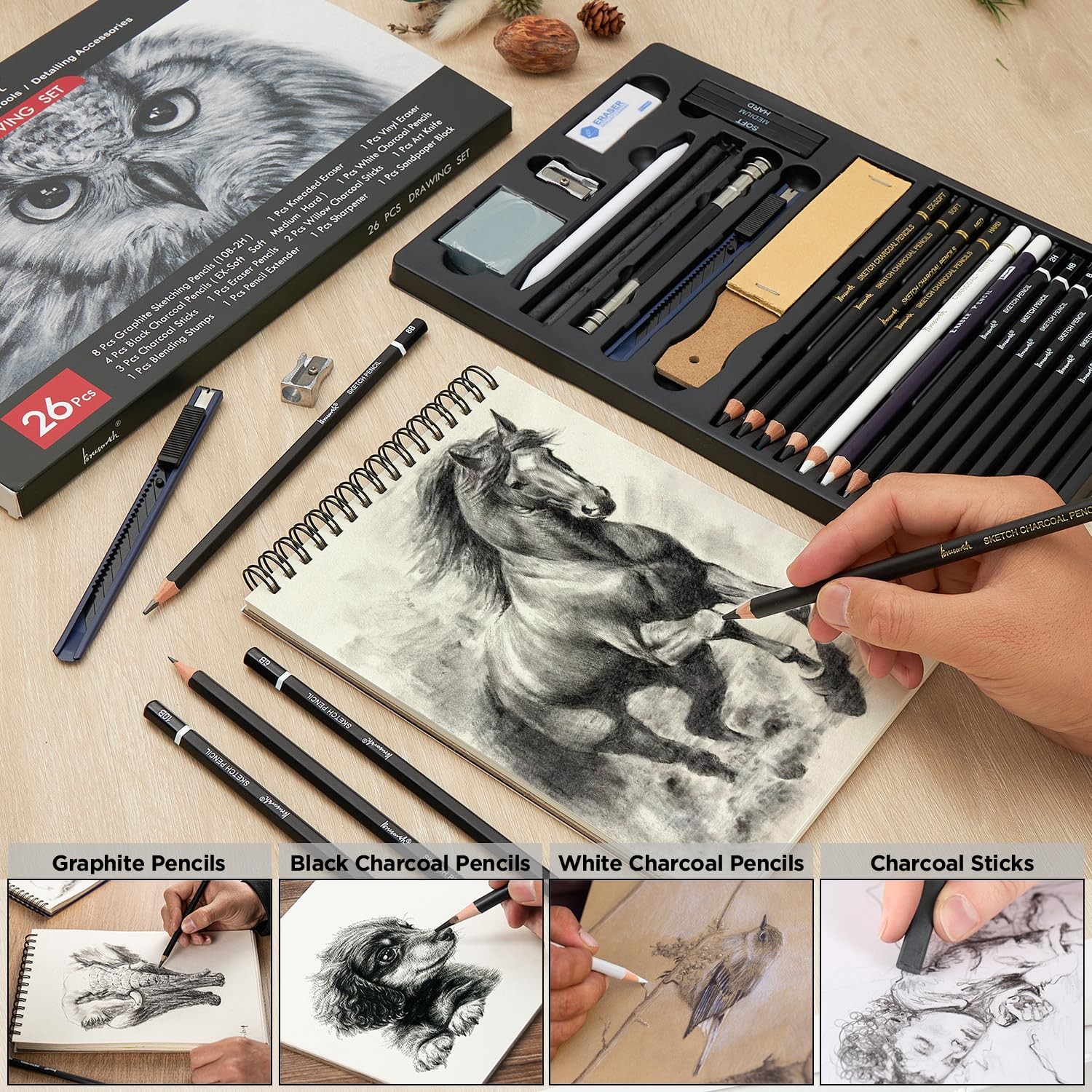 Brusarth Charcoal Pencils for Drawing, Set of 26, Professional Black & White