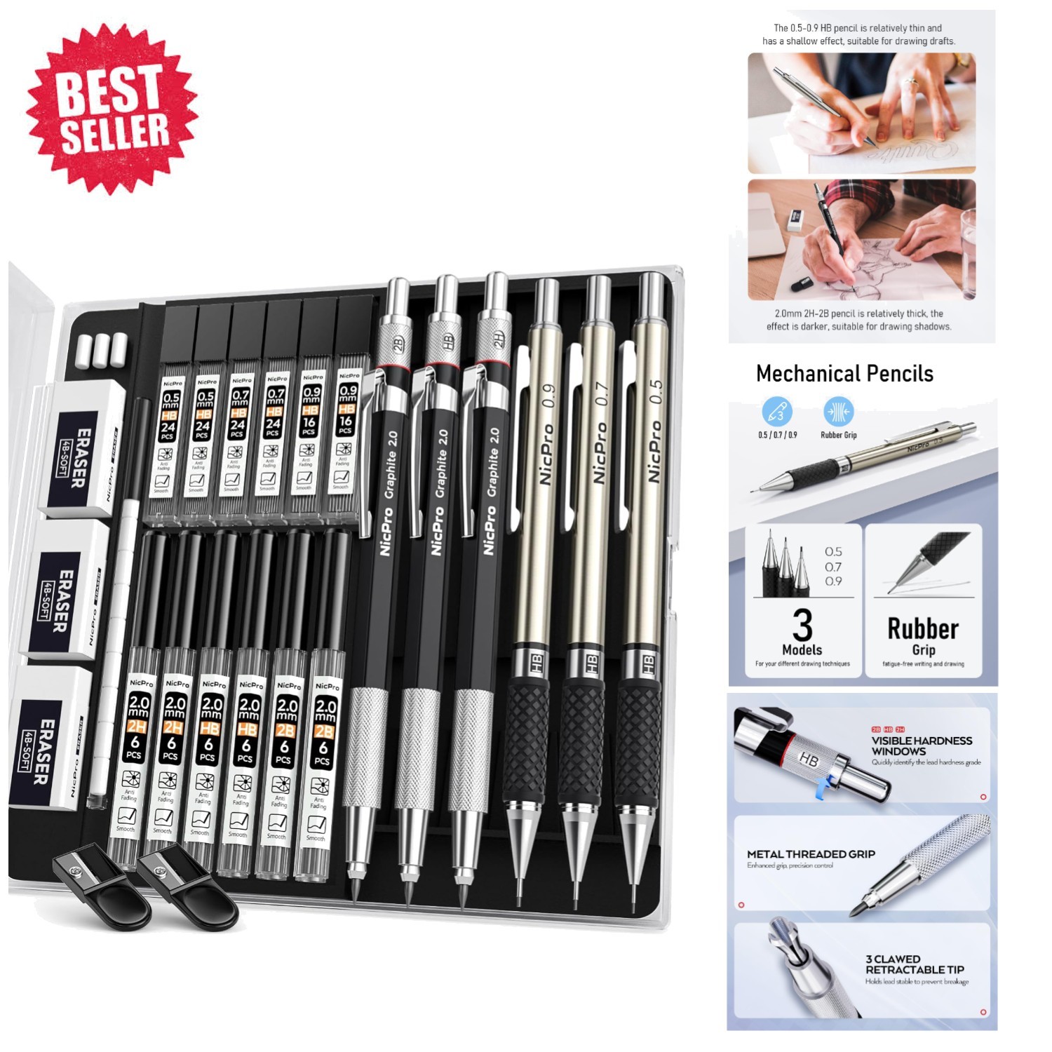 Ergonomic Mechanical Pencil Set: 6PCS with 3 Hardness Levels for Smooth Writing
