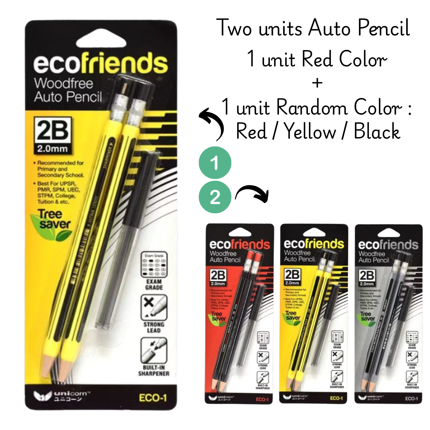2 Sets (Yellow + Random) Unicorn Stationery Exam Eco-Friendly Auto Pencil 2.0mm