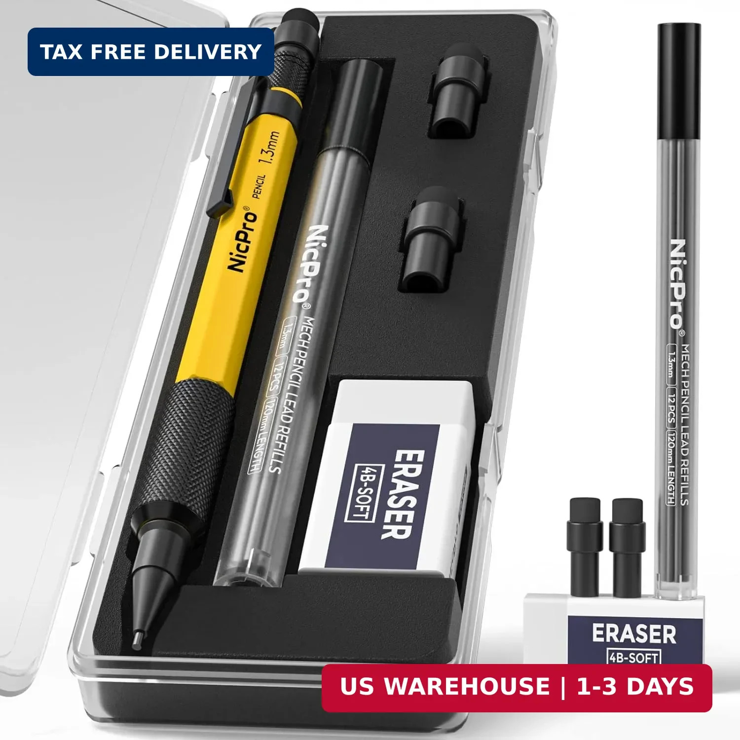 Nicpro MP2000 1.3mm Metal Mechanical Pencil Set with Case (Yellow) | 12 Black Le