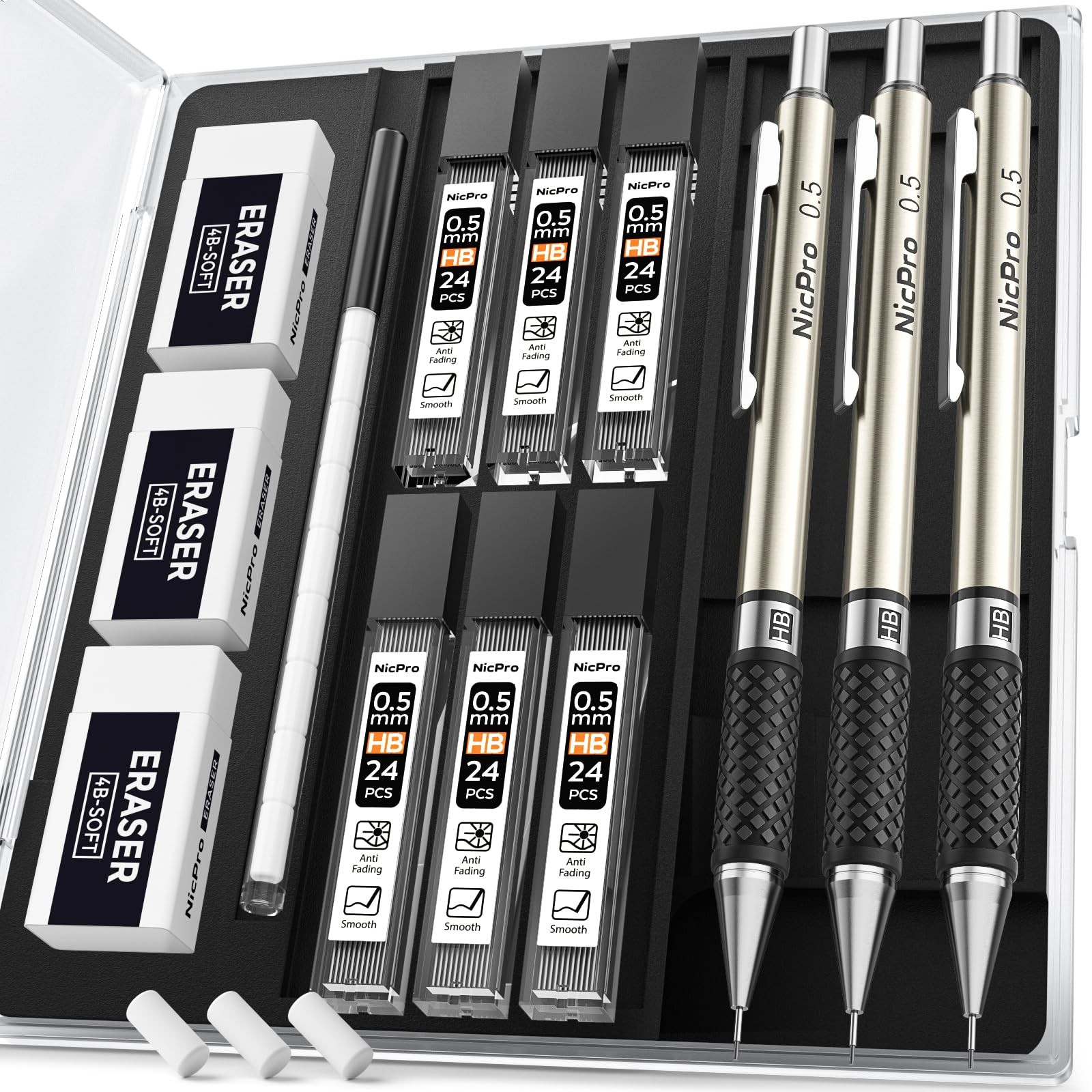Nicpro 0.5 mm Art Mechanical Pencil Set in Storage Case, 3 PCS 0.5mm, Grey