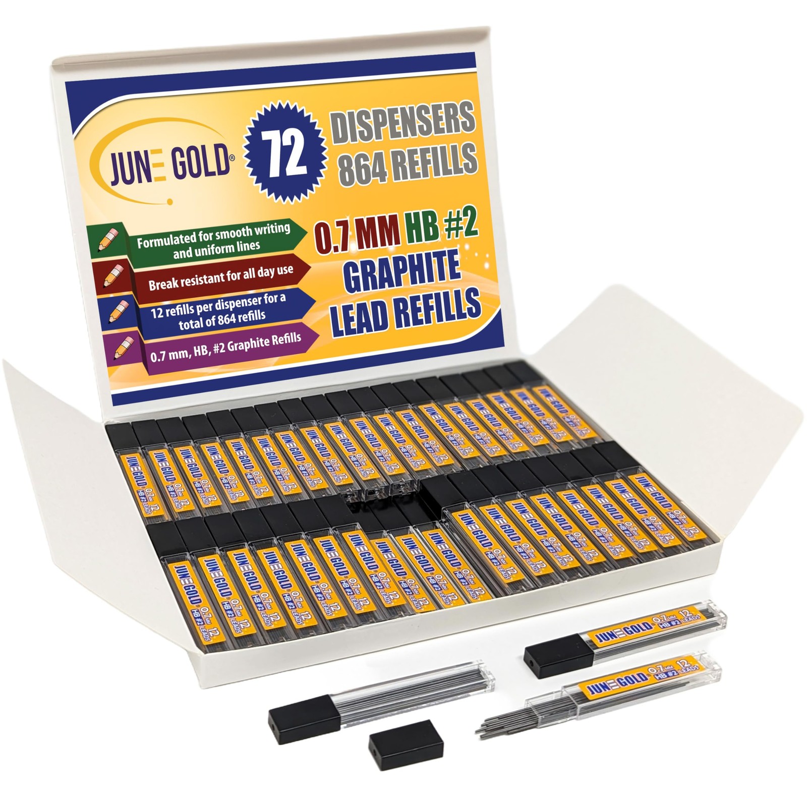 864 PCS 0.7mm HB #2 BreakResistant Lead Refills Medium Thickness 72 Tubes