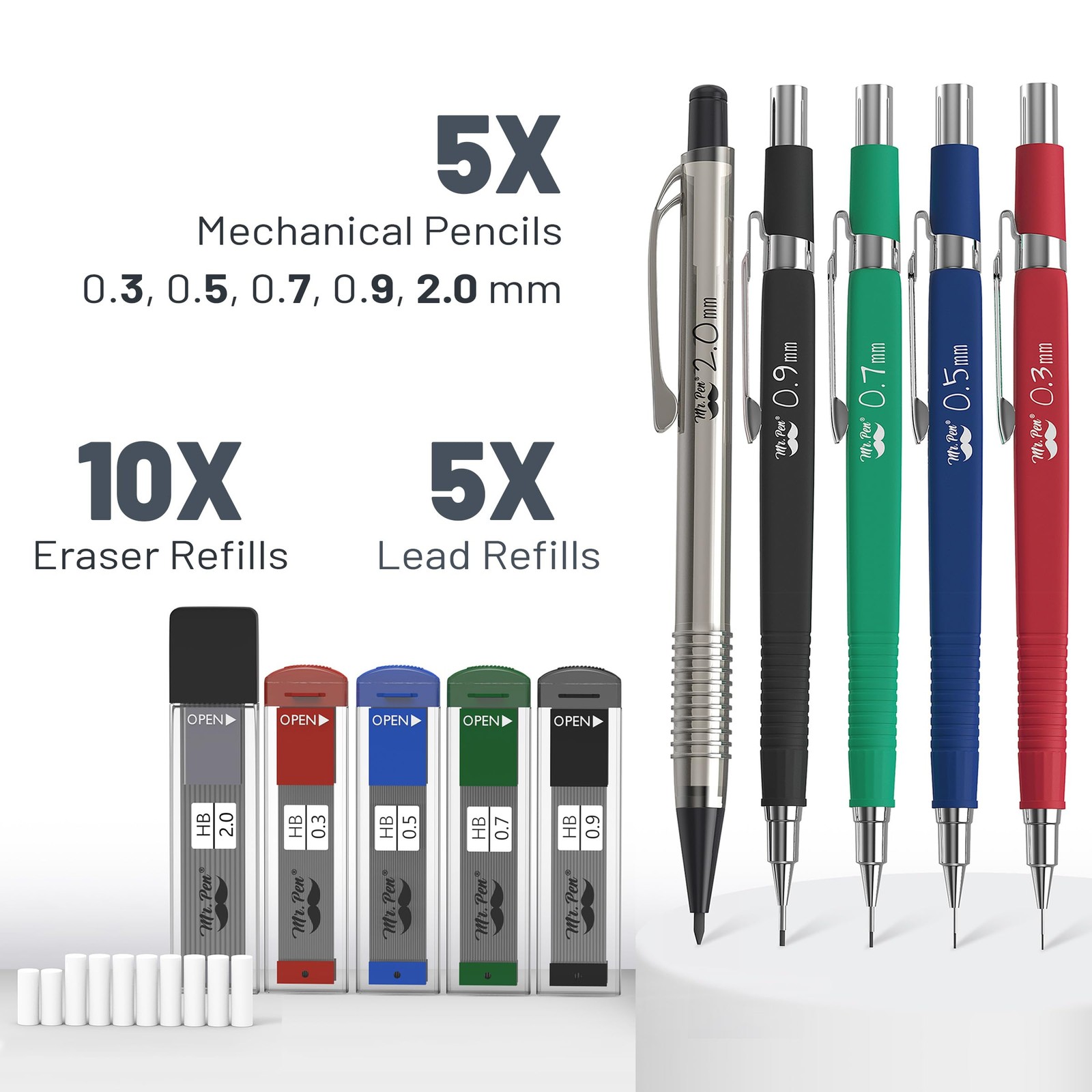 Mr. Pen- Mechanical Pencil Set with Leads and Eraser Refills, 5 Sizes Vintage