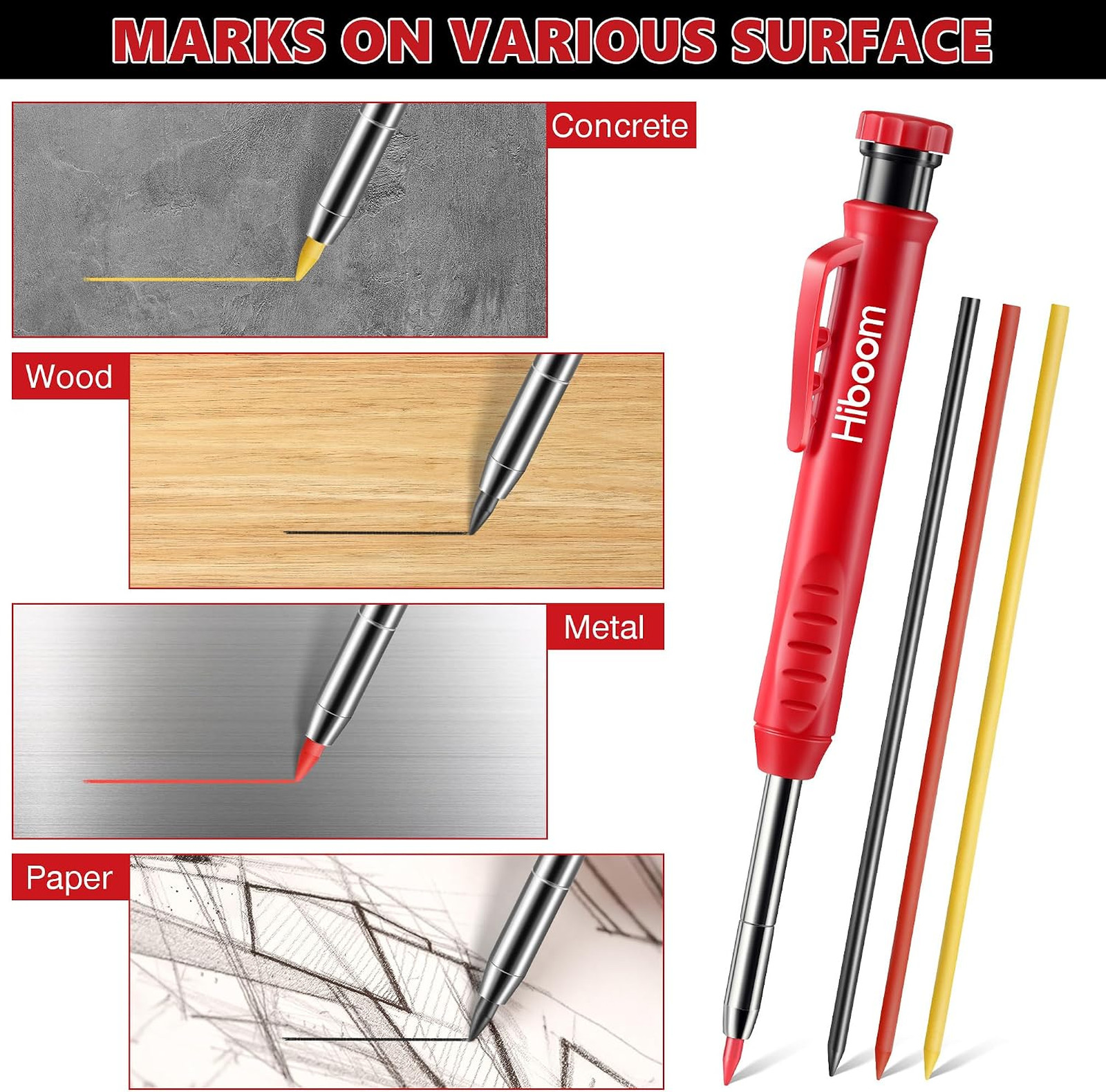 Mechanical Carpenter Pencils Set, Long Tip, Black and Red, Includes Refills and