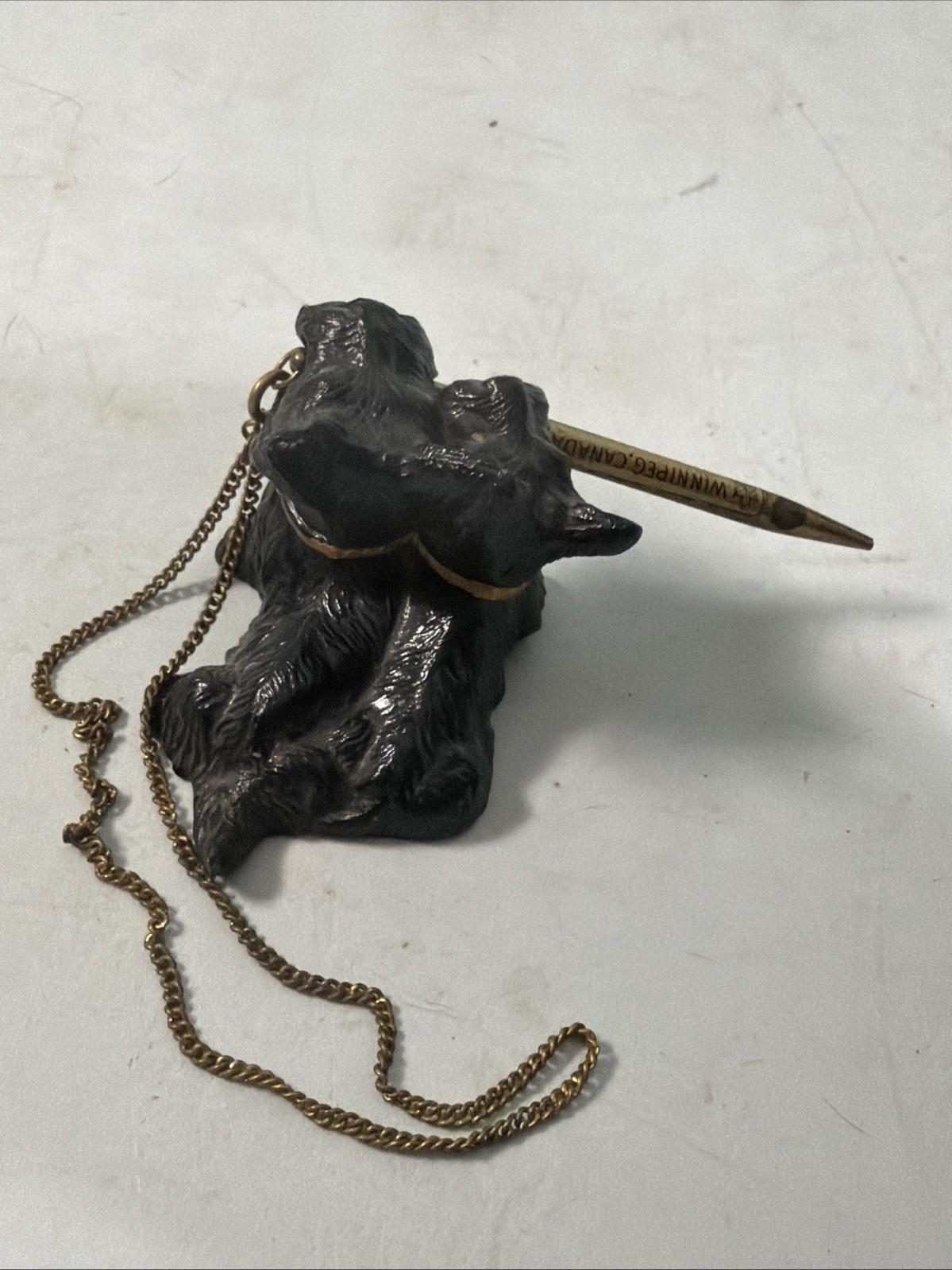 VTG MCM Solid Metal Scottie Dogs Leashed w/Chain Pencil holder Ge3