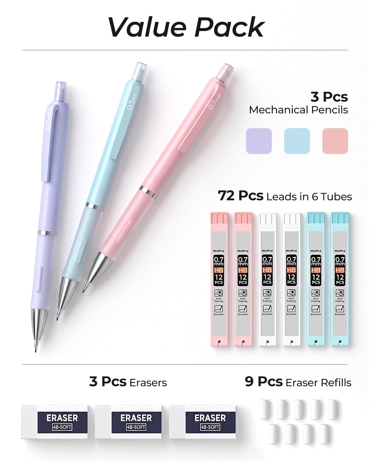 3PCS Cute Mechanical Pencil Set with Case, 0.7 Mm Pencils with 6 Tube HB Lead Re