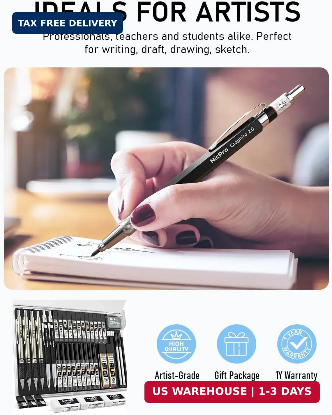 Nicpro 37PCS Art Mechanical Pencil Set, 4PCS Metal Drafting Pencil 0.3mm, 0.5 mm