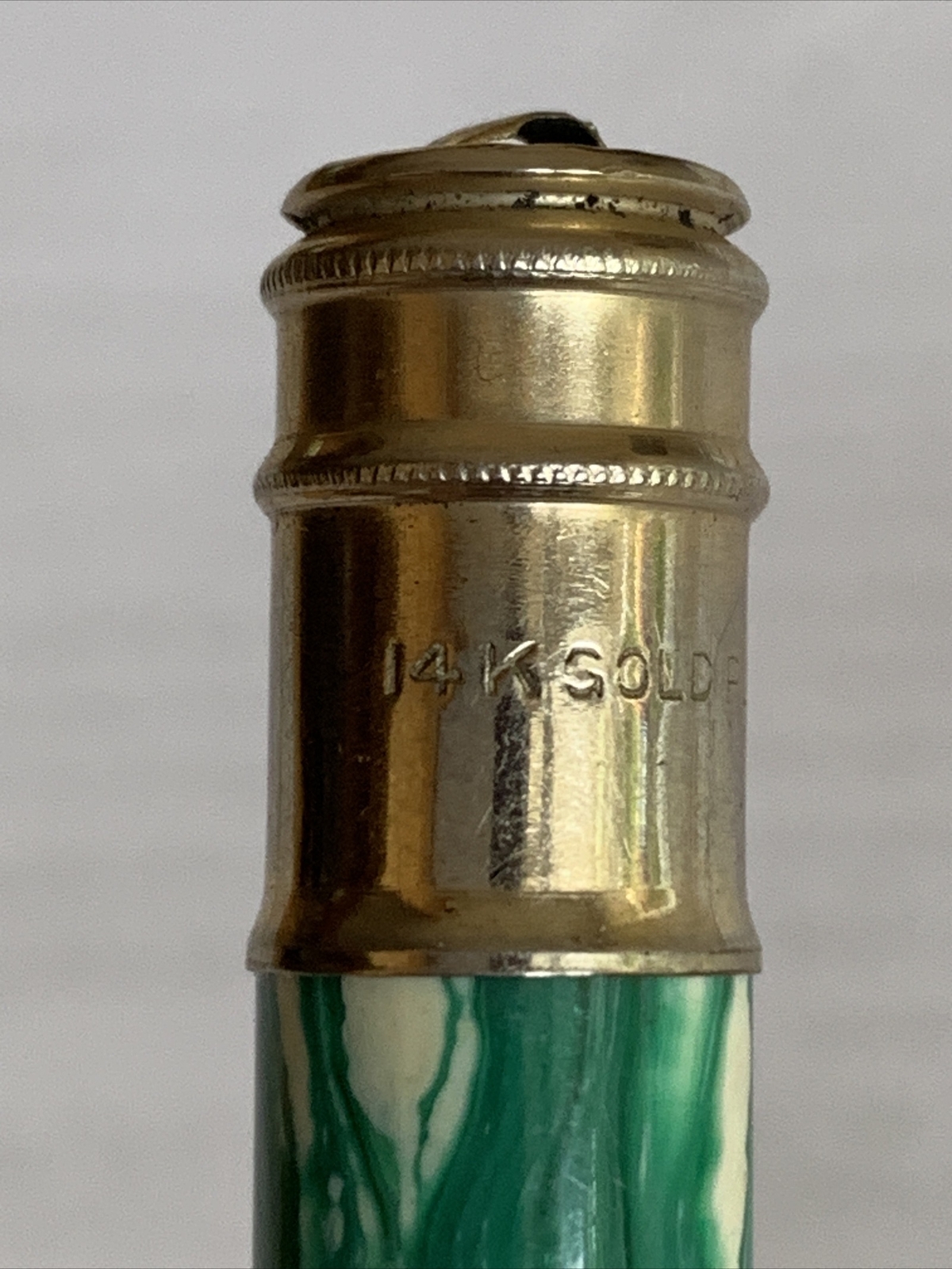 Ambassador Mechanical Pencil 14K Gold Plated Top Swirly Green/White With Lead