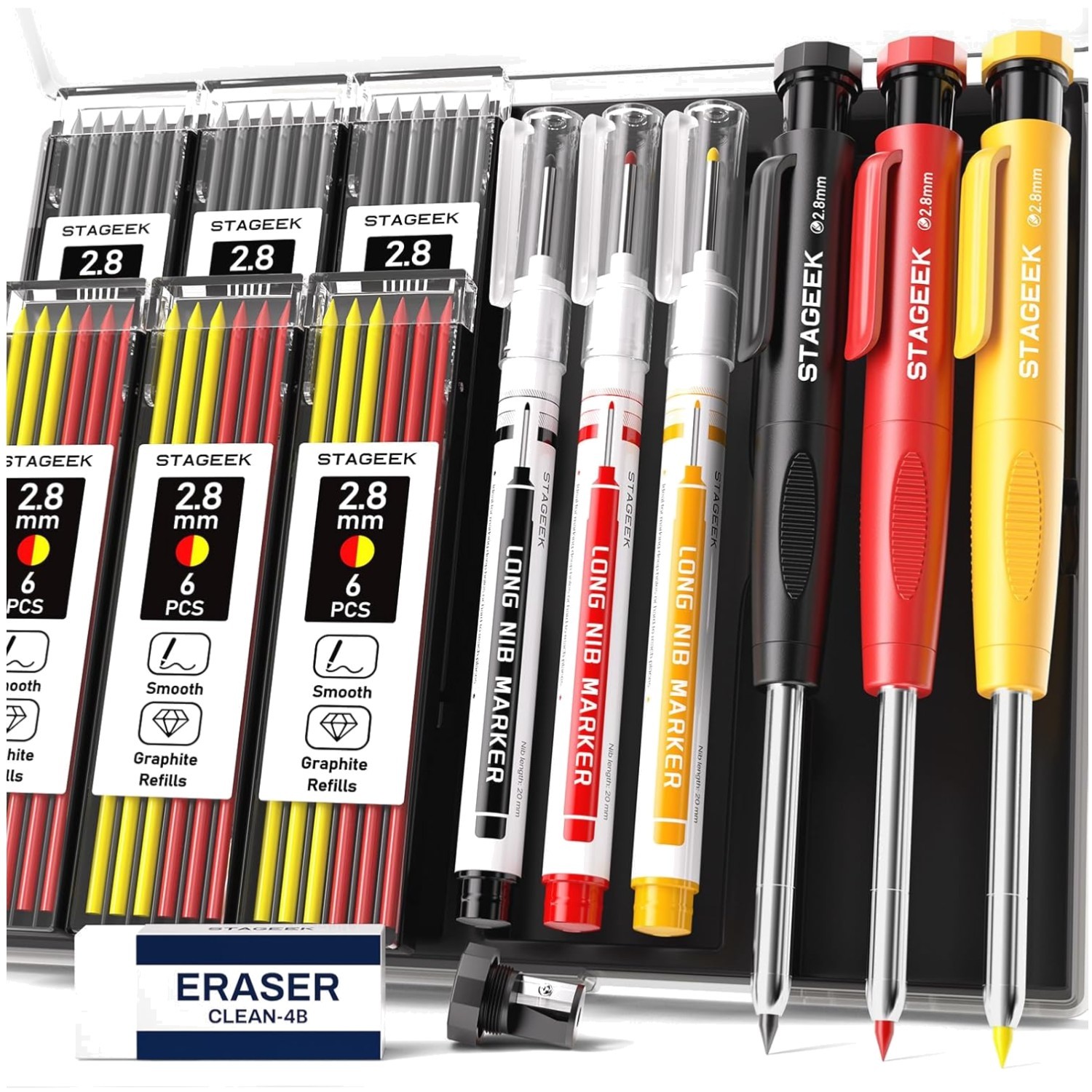 Carpenter Pencil Mechanical Deep Hole Marker Set w/Sharpener 39 Refill 3Pcs Case