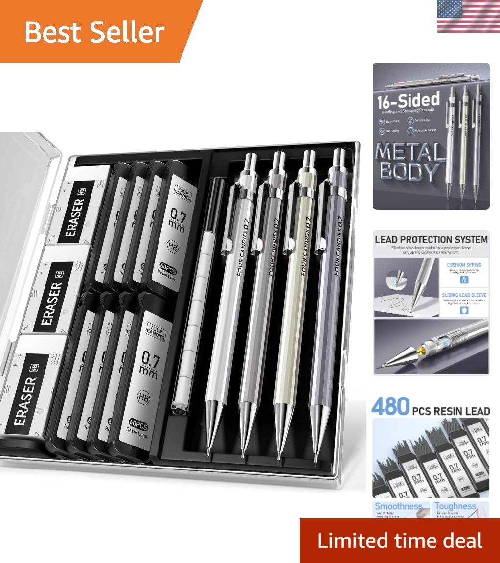 Artistic 4PCS Metal Mechanical Pencils Set – 0.7mm Leads & 12 Erasers Included