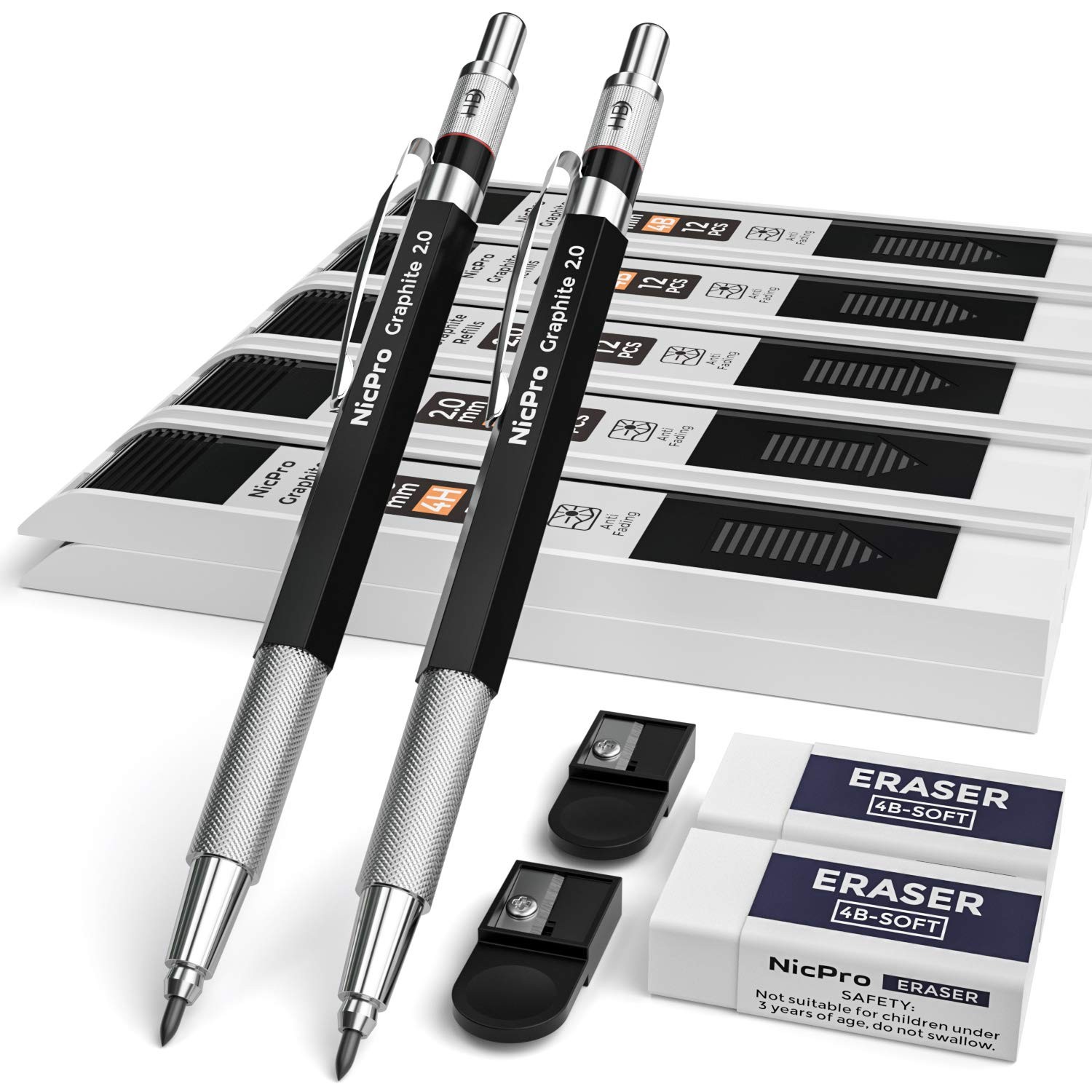 Nicpro 2mm Metal Mechanical Pencil Set, 2PCS Lead Holder 2.0 mm 2 Pack, Black