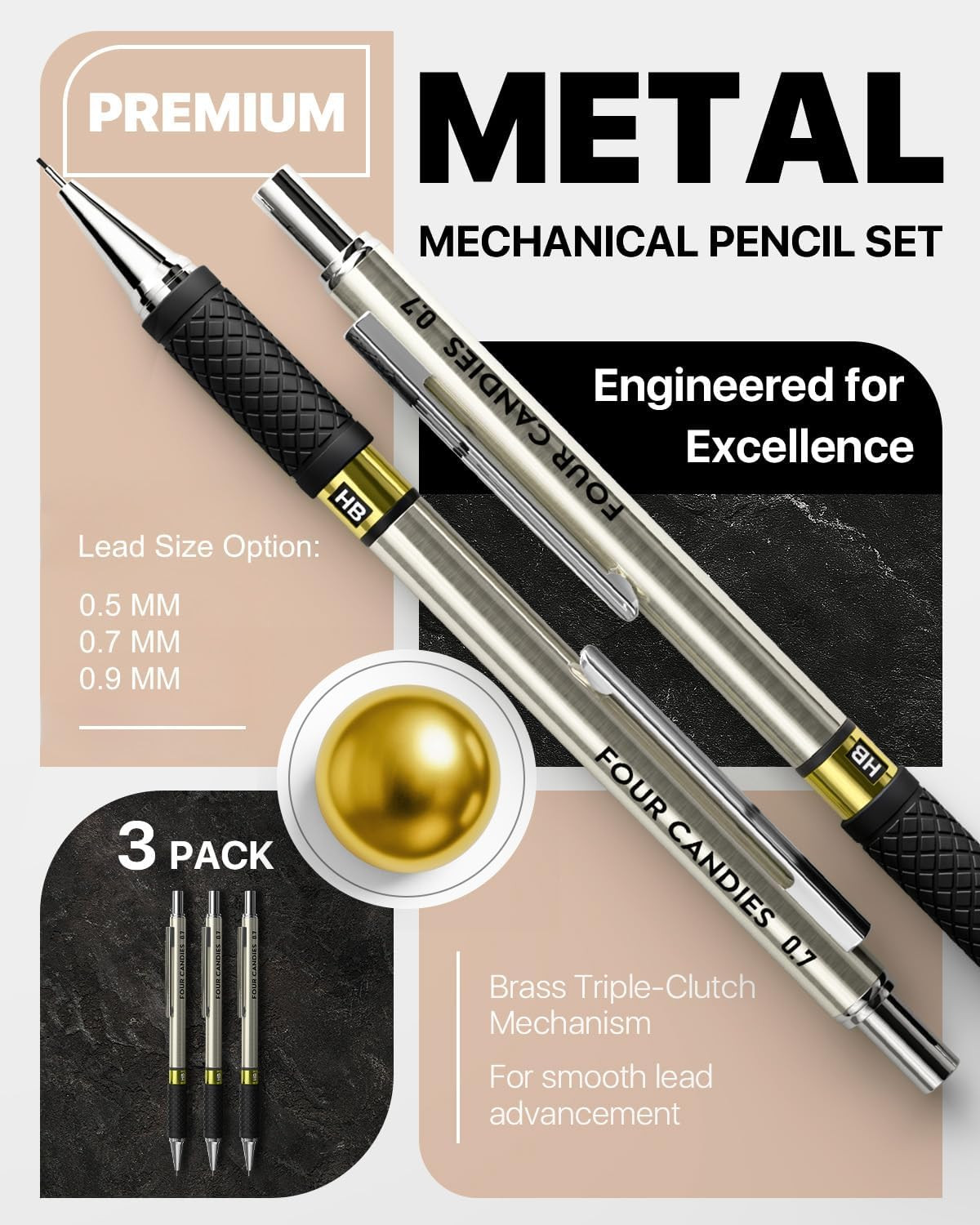 3PCS Metal Mechanical Pencil Set – 0.5 & 0.7 & 0.9Mm with 360 Leads, 12 Erasers,