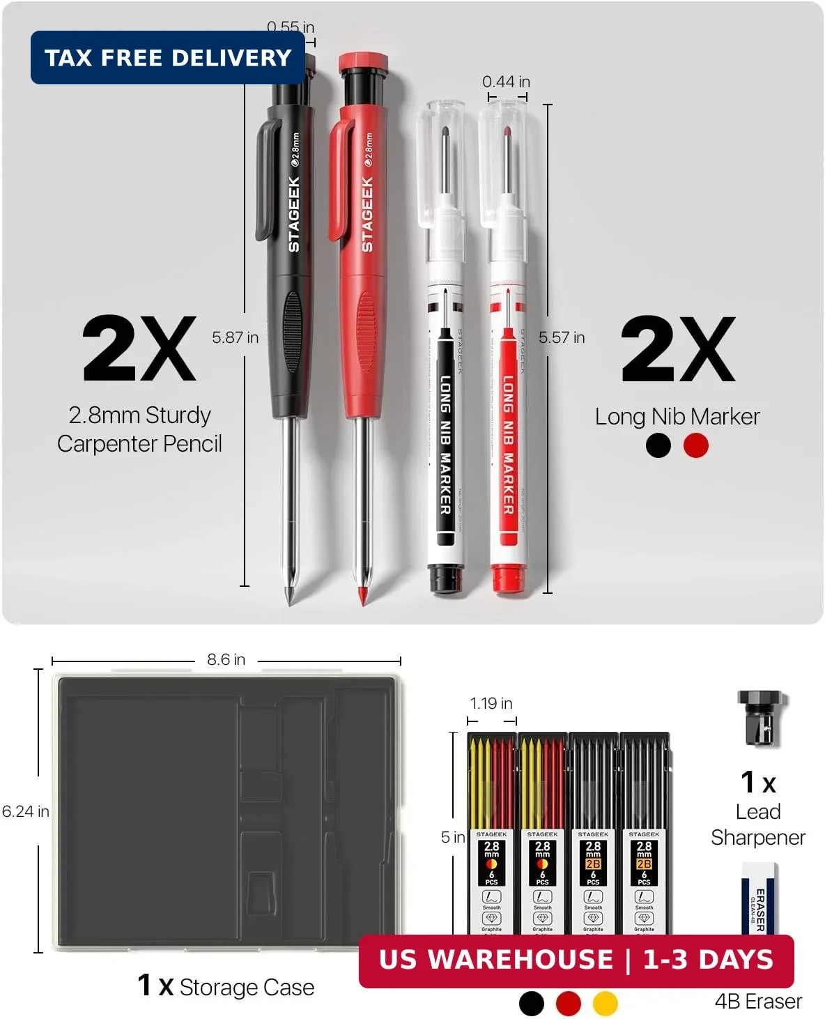 STAGEEK 2.8mm Carpenter Pencils with Sharpener, 2-Pack, Storage Case | 26 Refill