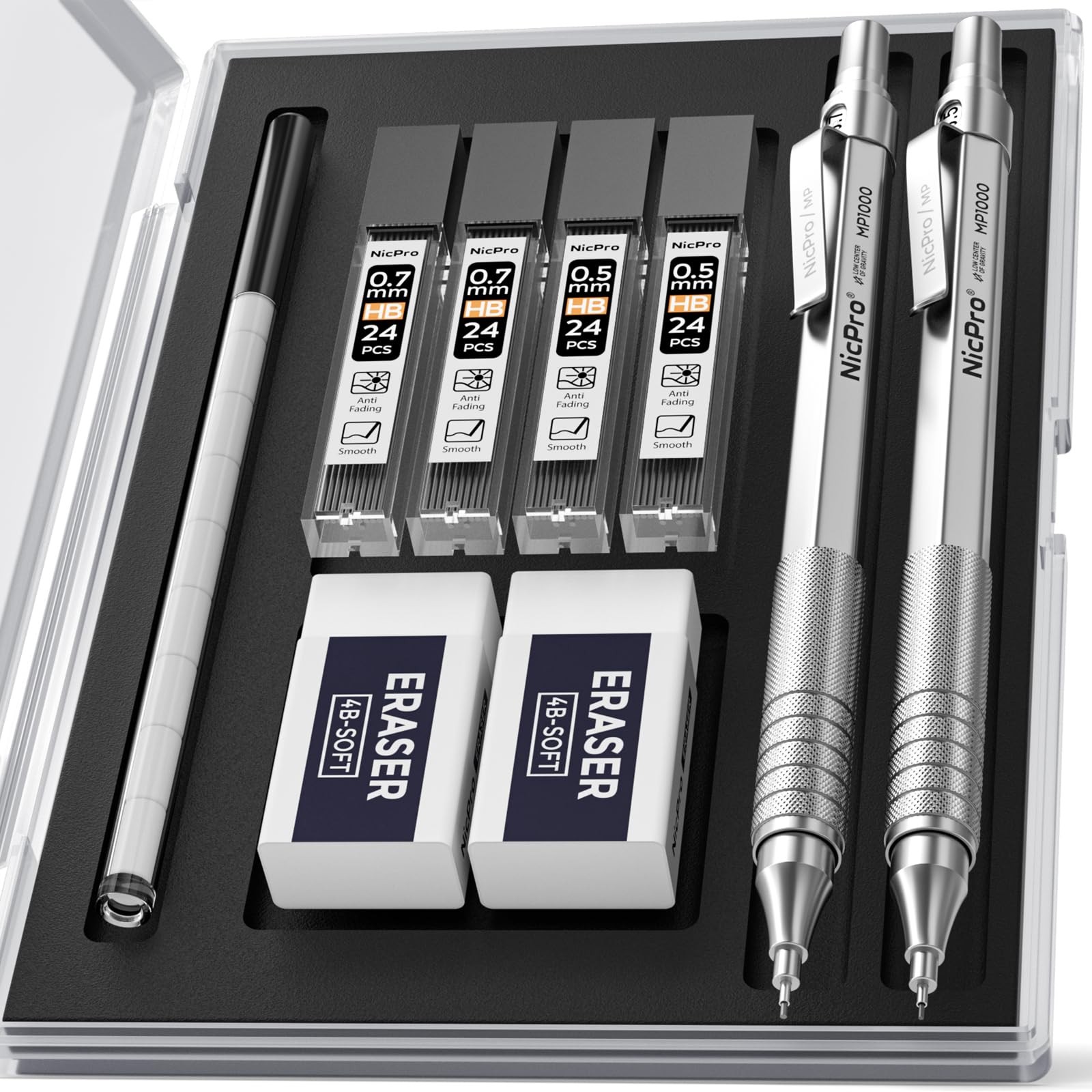Nicpro 2 PCS Mechanical Pencil 0.5mm & 0.7 mm with Case, 17 Piece Set, Silver