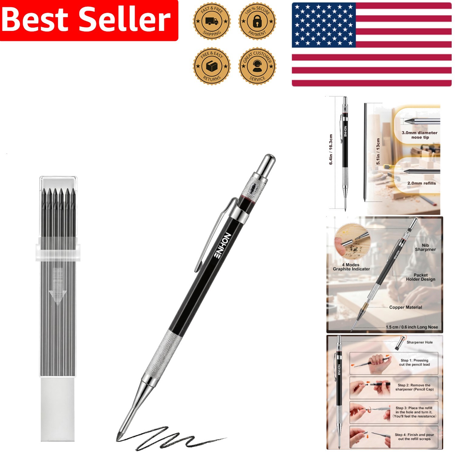 2mm Mechanical Carpenter Pencil Set, Woodworking Marking Tool, Black, 12 Refills