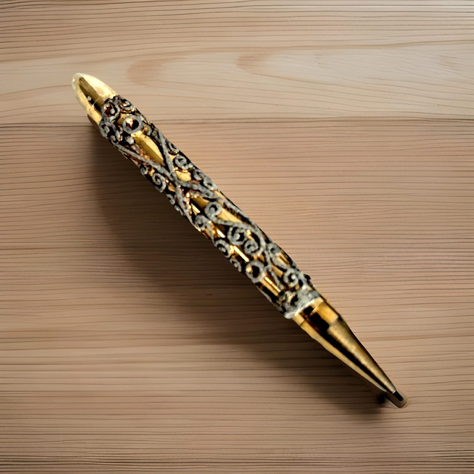Vintage Gold Tone Filigree Mini Mechanical Pencil with Rhinestones 1950’s