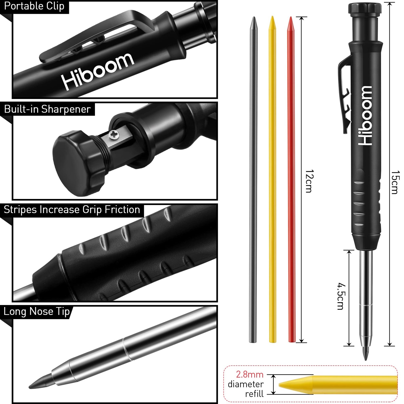 Hiboom 6 Pack Carpenter Pencil With Sharpener, Long Nosed Deep Hole Ti
