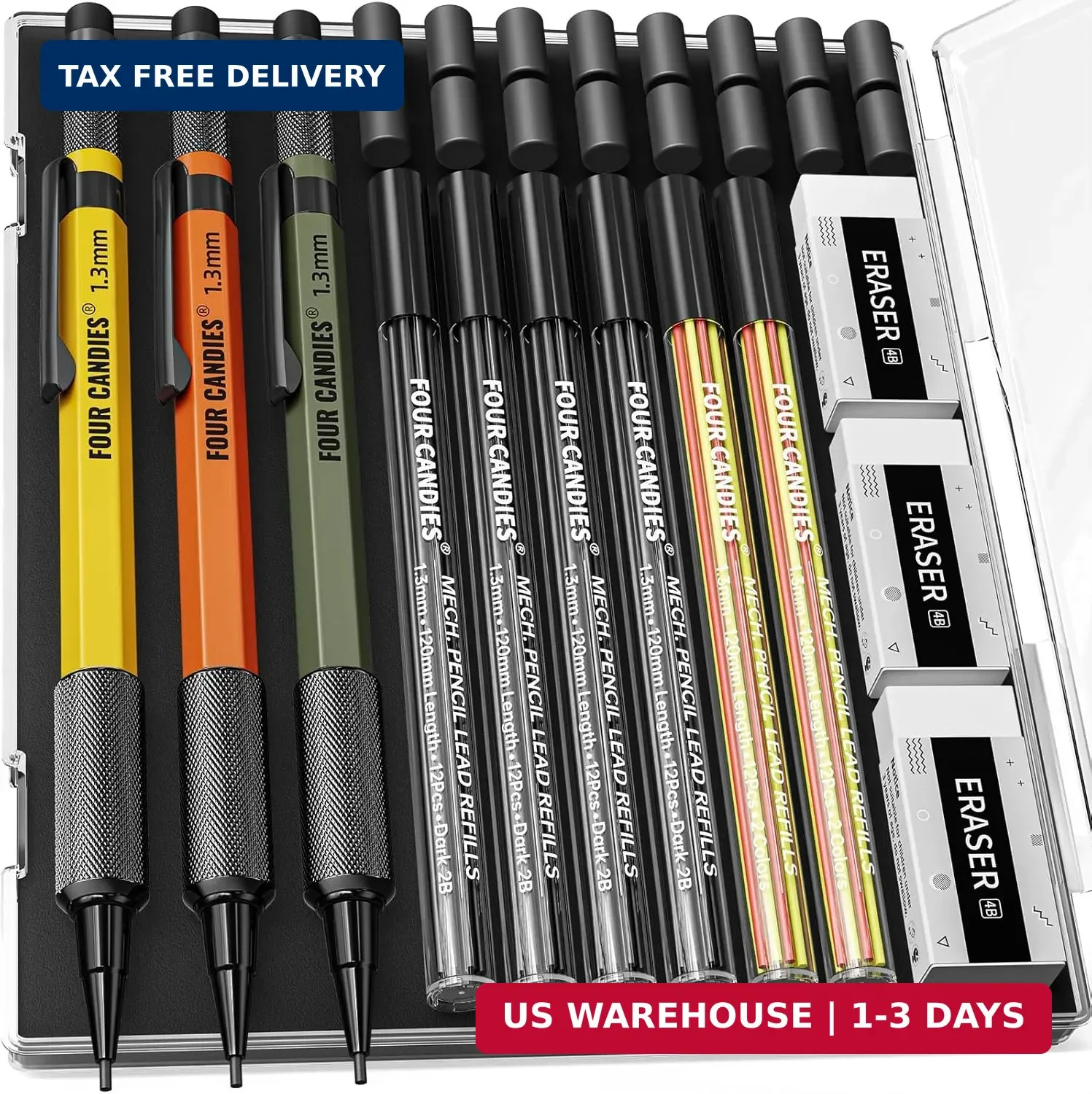 Four Candies 1.3mm Metal Mechanical Pencil Set with 72 Lead Refills, 3-Pack | He