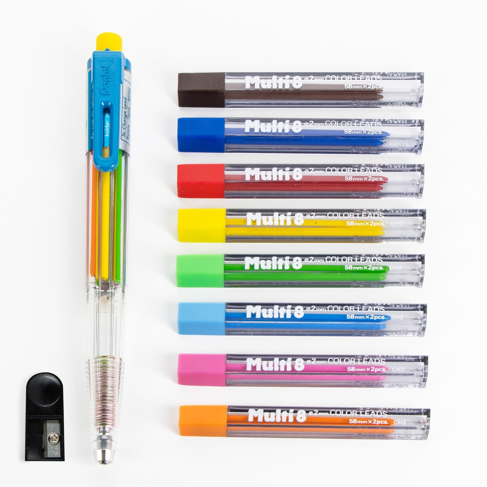 8 Color Automatic Pencil Set with Assorted Clips, Lead Refills & Sharpener