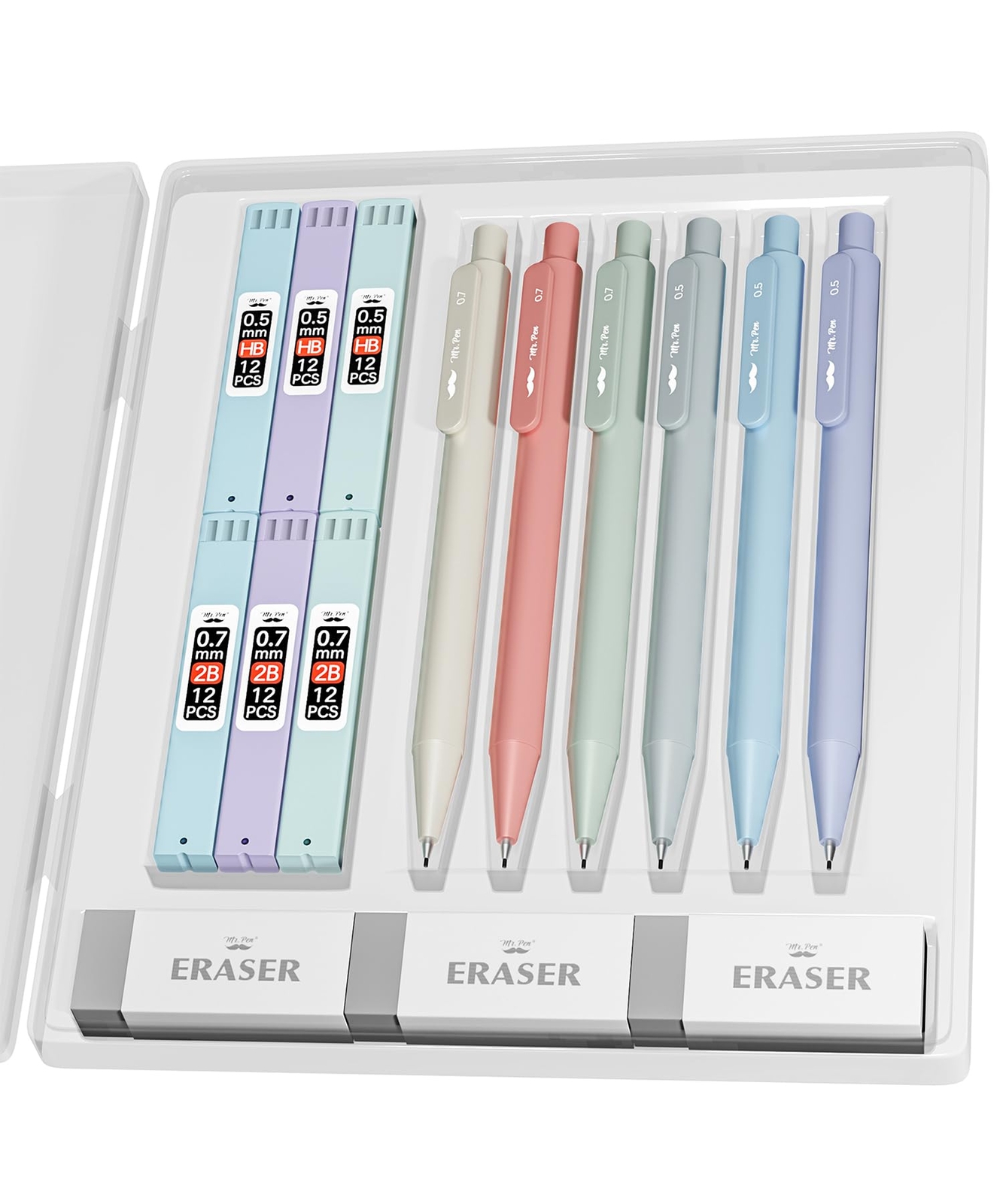 6 Pack Mechanical Pencil Set with Lead Refills & Erasers 2 Sizes, 0.5 & 0.7mm