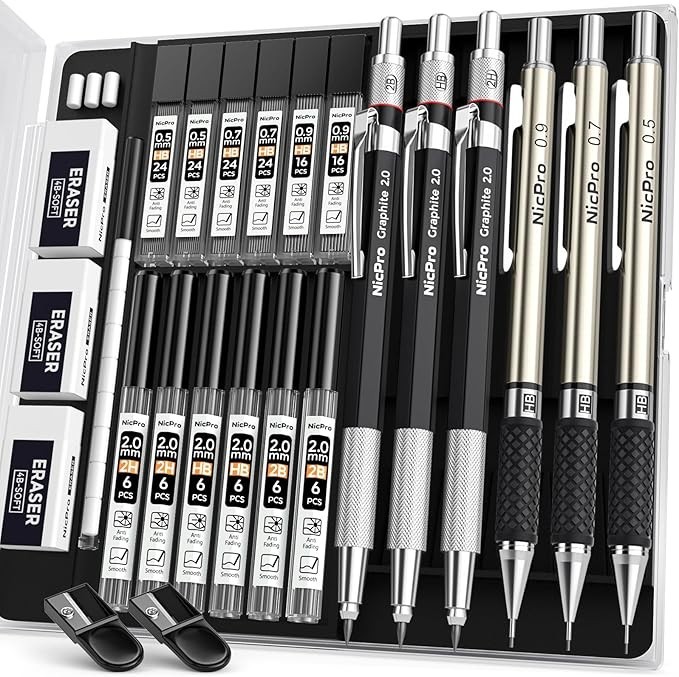 Mechanical Pencil Set 6 PCS Metal Drafting Pencils 0.5mm 0.7mm 0.9mm 2mm with