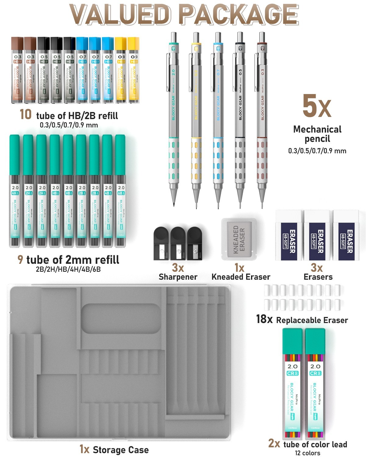 Nicpro 36PCS Blocky Gear Pencil Set: 0.3-2mm + 21 Colored Leads, Case for Artist