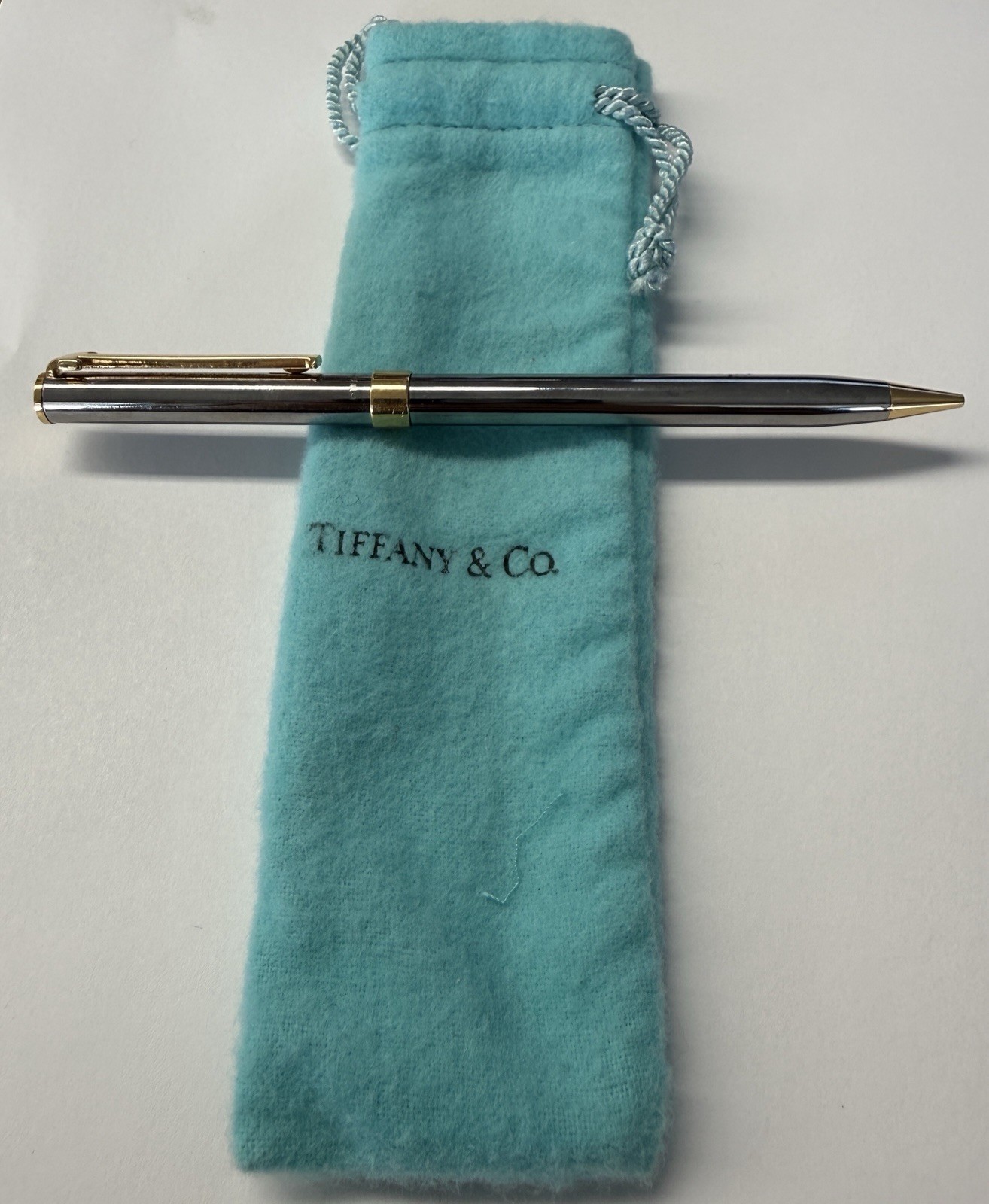 Tiffany & Co. T Clip Silver Mechanical Pencil Gold Trim Eng DED Tiffany Bag