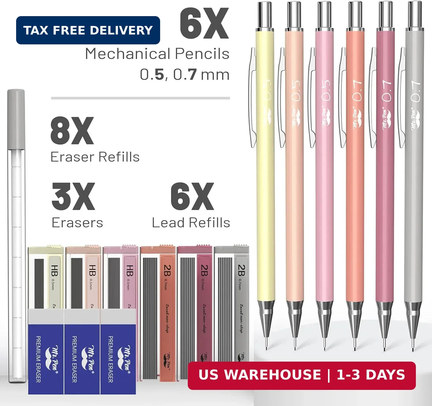 Mr. Pen- Cute Mechanical Pencil Set with Lead Refills & Erasers, 6 Pack | 2 Size