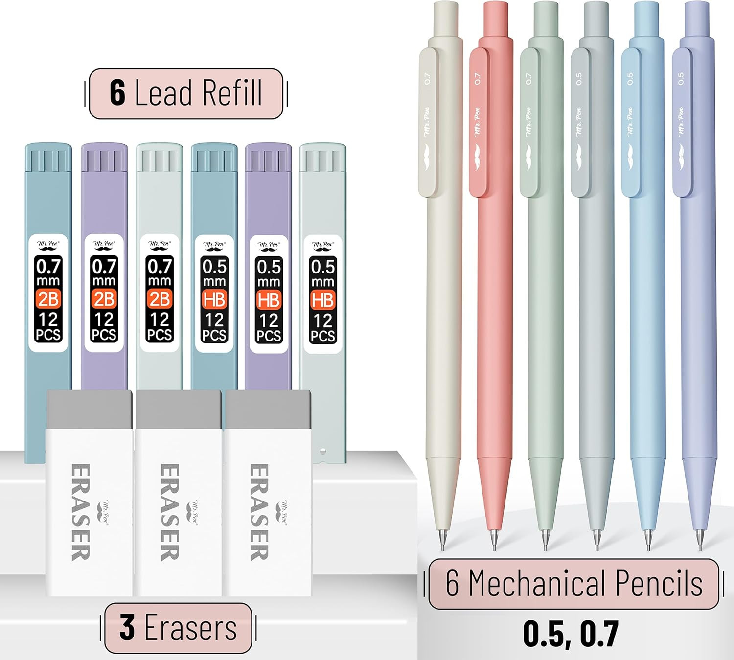 – Pastel Mechanical Pencil Set with Lead Refills & Erasers, 6 Pack, 2 Sizes, 0.5