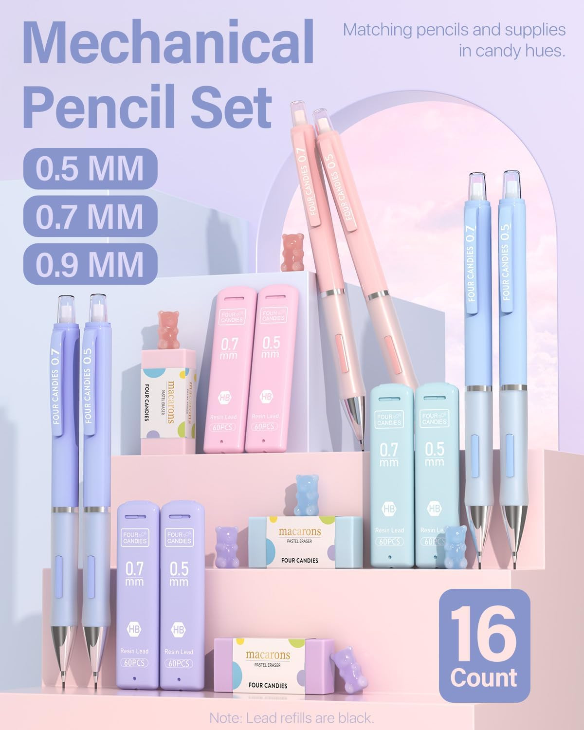 Four Candies 6PCS Cute Mechanical Pencil Set, 0.5Mm 0.7Mm 0.9Mm with 360PCS Lead