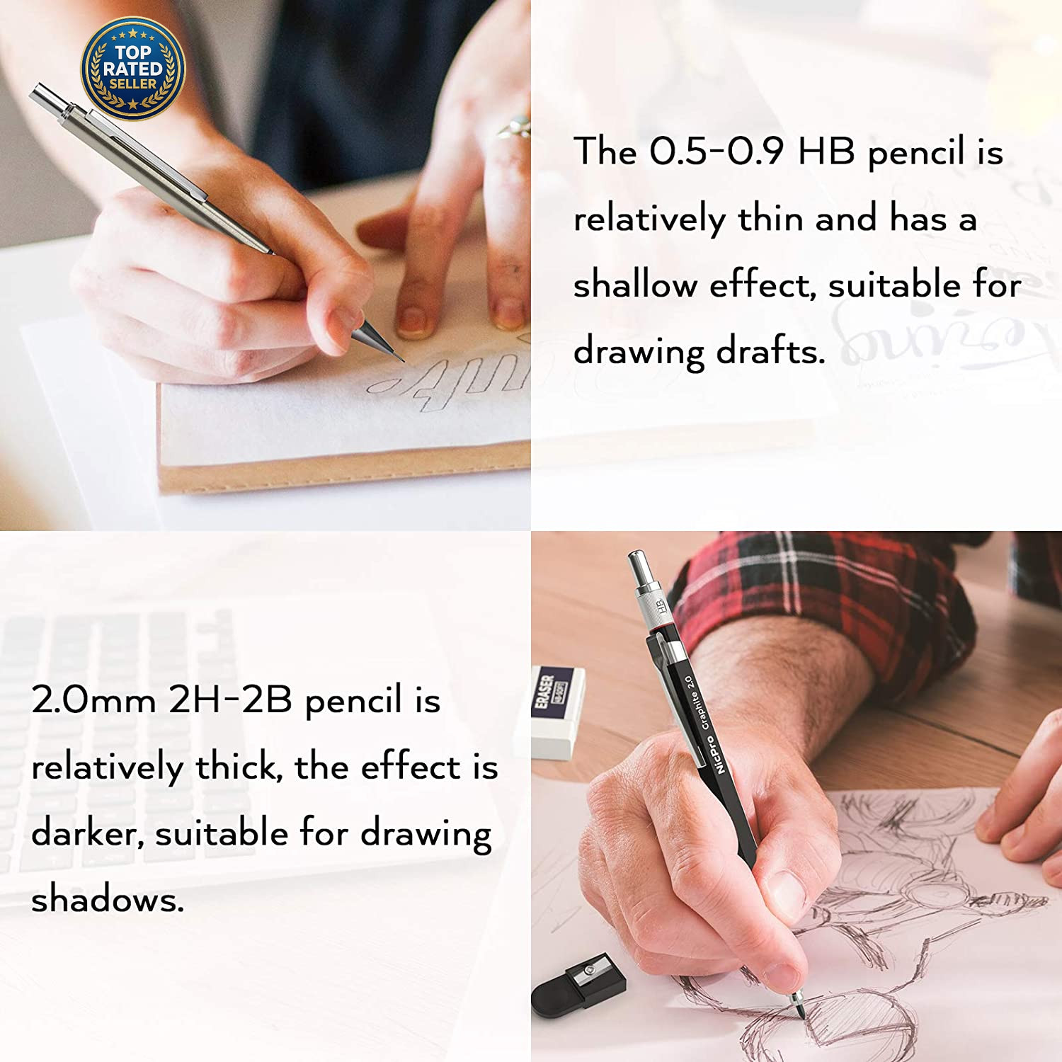 6PCS Art Mechanical Pencil Set, 3PCS Metal Drafting Pencil 0.5 Mm & 0.7 Mm & 0.9