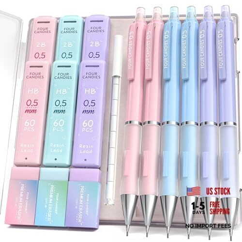 Mechanical Pencil Set – (Fine Point), 6PCS Cute Pencils Mechanical with 0.5 mm
