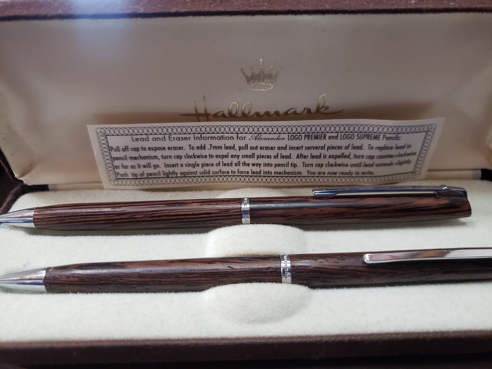 VINTAGE HALLMARK WOOD PEN AND MECHANICAL PENCIL SET, ORIGINAL CASE
