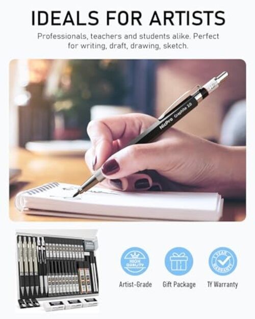 37PCS Art Mechanical Pencil Set, 4PCS Metal Drafting Black 0.3 0.5 0.7 0.9 2.0