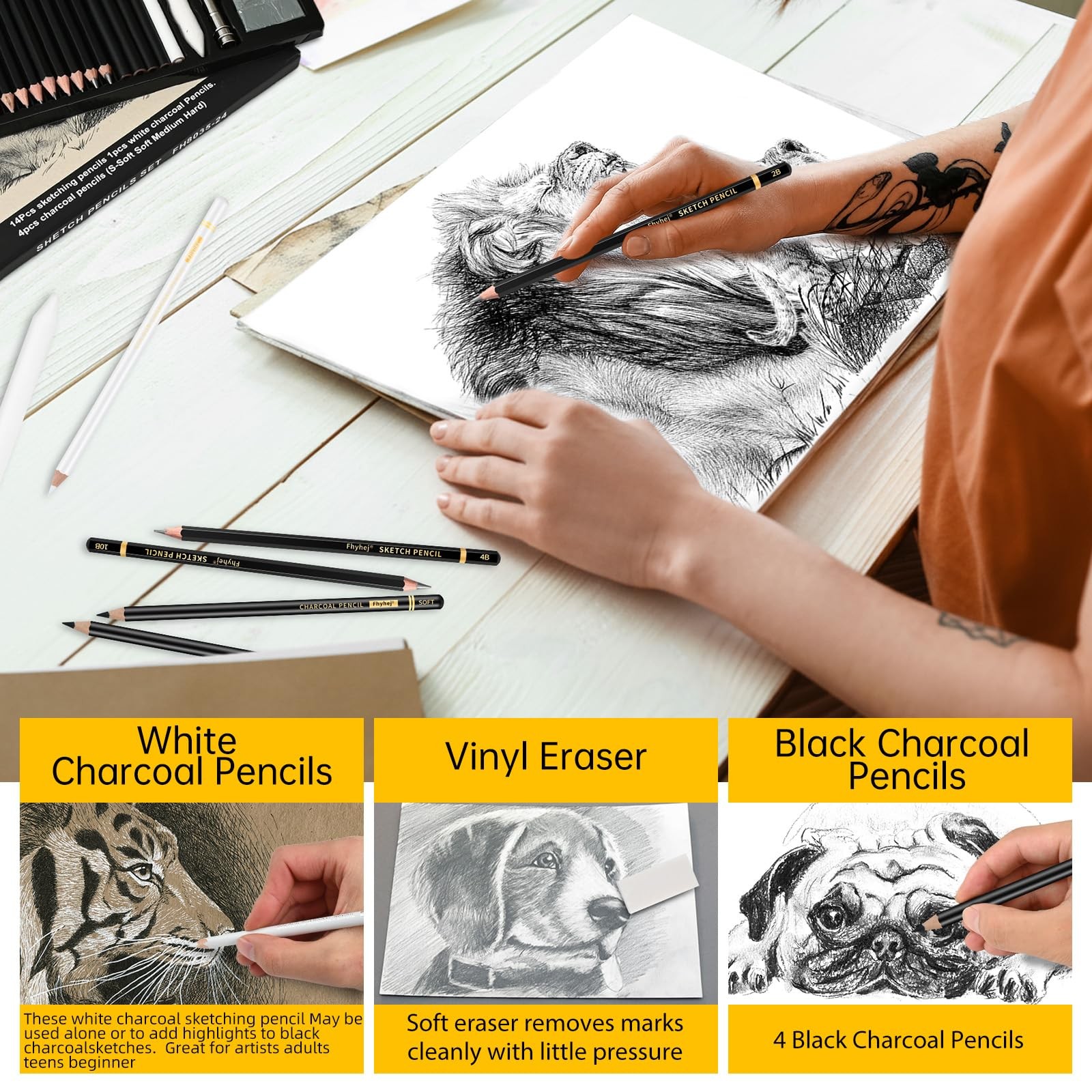 24-Piece Drawing Pencil Set – 14 Graphite Sketch Pencils (14B-4H), 4 Black