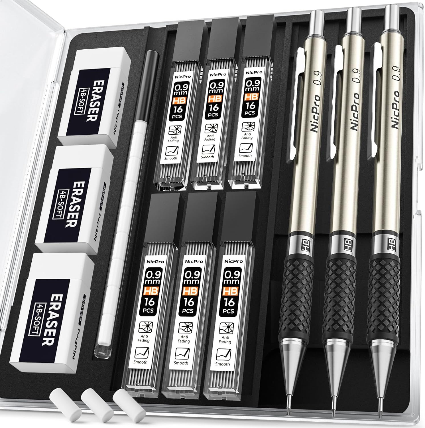 0.9 Mm Art Mechanical Pencil Set in Storage Case, 3 PCS Metal Drafting Pencil Le